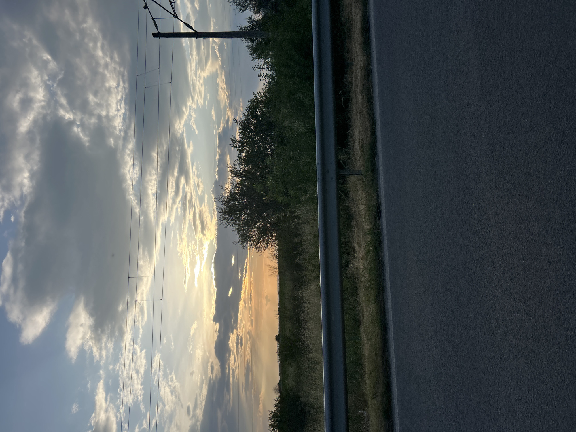This photograph captures a serene roadside landscape, likely during sunset or sunrise, in Kaloyanovo, Bulgaria. The image is composed with a paved road and a metallic guardrail on the right, suggesting a journey or a view from beside a road.
**Subjects:** The primary subjects include the vast sky, a section of a paved road, a metal guardrail, sparse dry grass, and a line of trees and bushes forming the horizon. A tall utility pole with several power or communication lines stretches across the upper part of the sky.
**Scene and Setting:** The scene depicts a rural or semi-rural environment where human infrastructure (road, guardrail, utility pole) intersects with natural elements. The setting is open countryside, characterized by fields or wild growth alongside the road, leading to a dense treeline in the distance.
**Activity or Event:** No specific human or animal activity is depicted. The image is a still landscape, conveying a moment of natural beauty and tranquility.
**Notable Details:**
* **Time of day:** The most striking detail is the time of day, strongly indicated as either sunset or sunrise. A low sun, not directly visible but casting a brilliant golden-orange glow on the horizon and illuminating the undersides of the clouds, creates a warm and atmospheric light.
* **Weather:** The sky is partly cloudy, featuring a mix of bright, sun-kissed clouds and darker, more voluminous grey clouds, creating a dramatic contrast. The overall weather appears calm.
* **Location cues:** The combination of a paved road, guardrail, and utility lines within a natural, unurbanized setting points to a countryside or rural highway location. The dry, yellowish grass suggests a particular season, possibly late summer or autumn.
* **Emotions:** The scene evokes feelings of peace, contemplation, and appreciation for the natural world and the changing light of the day.
* **Visible text:** There is no visible text within the image.