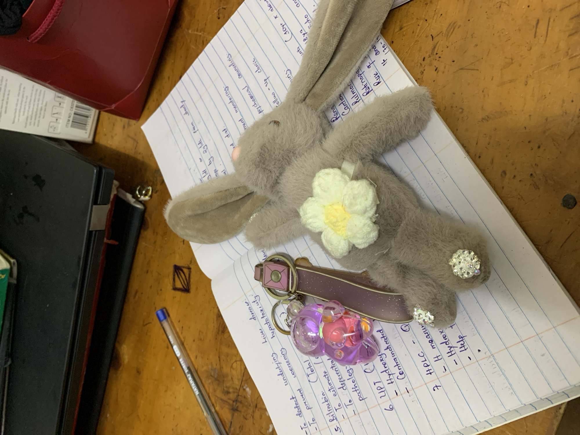 The image shows a cluttered desk. On top of a lined notebook filled with handwritten notes is a plush, gray bunny toy with a white flower pinned to its chest and decorative jewels on its paws. A purple keychain with a small, transparent charm is also resting on the notebook. A blue pen lies on the desk near the notebook. A black electronic device and a red gift bag are visible on the left side of the frame. The wooden desk surface is visible around the objects. There is no information to conclude anything regarding the location of the city of Dar es-Salaam, Tanzania.