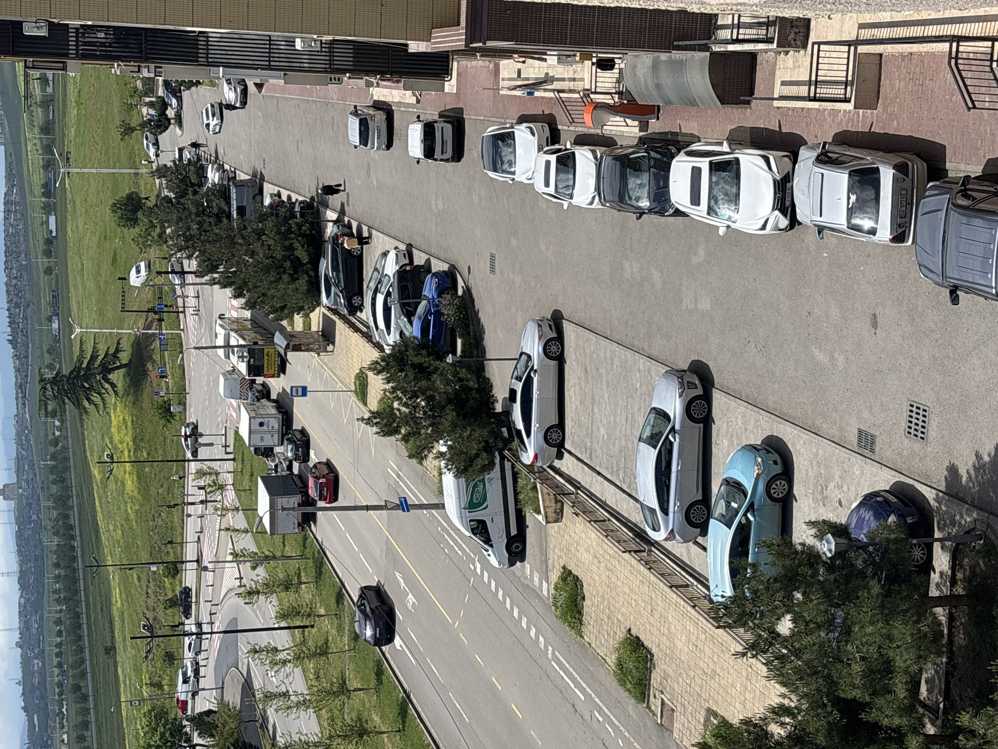 The image depicts an elevated view of a street in Tbilisi, Georgia. Cars are parked along both sides of the street. On one side, the vehicles are predominantly white. On the opposite side, a variety of vehicles are present, including white vans and passenger vehicles. Trees are interspersed along the sidewalk, partially obscuring some vehicles. The street itself is marked with lane dividers and crosswalks. Beyond the street is a field of green vegetation and a distant urban area. The weather appears to be sunny.