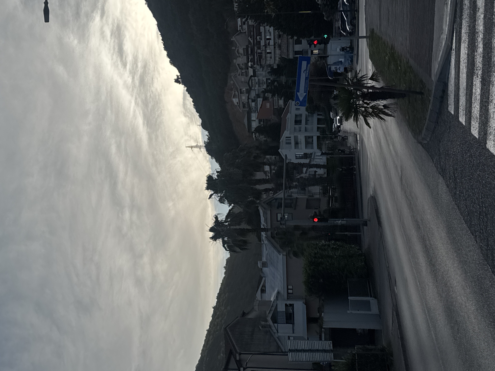 The image captures a view of a street in Budva, Montenegro, likely during a cloudy day with hints of sunlight. In the foreground, a paved road with clear lane markings curves to the left, leading towards a pedestrian crossing. A traffic light shows a red signal. Palm trees and dense vegetation flank the roadside. In the mid-ground, a cluster of residential buildings, ranging from two to several stories, are built on a hillside. These buildings exhibit various architectural styles, with tiled roofs and some featuring balconies. Further up the hill, more houses are visible, nestled against a dark, forested mountainside. A tall, lattice-like pylon stands on the upper slope, suggesting power lines. In the background, the sky is overcast with diffused light. A blue directional sign with a white arrow indicating a left turn is mounted on a pole near the traffic light. A few vehicles, including cars and possibly motorcycles, are present on the road, with some pedestrians visible on the sidewalks. The overall scene suggests a residential area with a distinct Mediterranean character, shaped by the presence of hills and coastal vegetation.