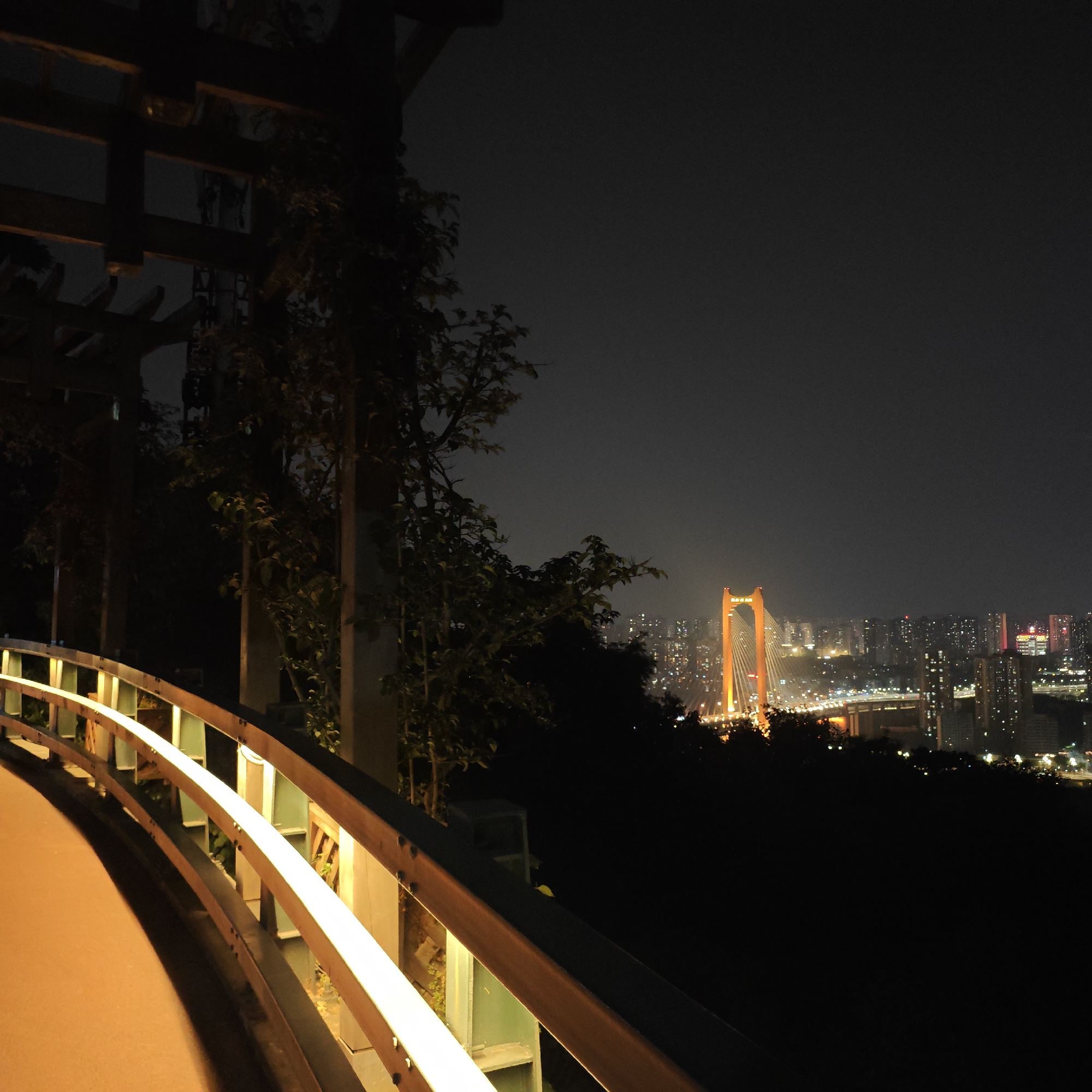 Nighttime view in Yuzhong District, China. A lighted pedestrian walkway with a wooden railing curves through a park-like setting. In the distance, a cable-stayed bridge is illuminated in orange and stands out against the city skyline. Buildings are visible beyond the bridge and below the dark sky. Trees and vegetation are to the side of the walkway.