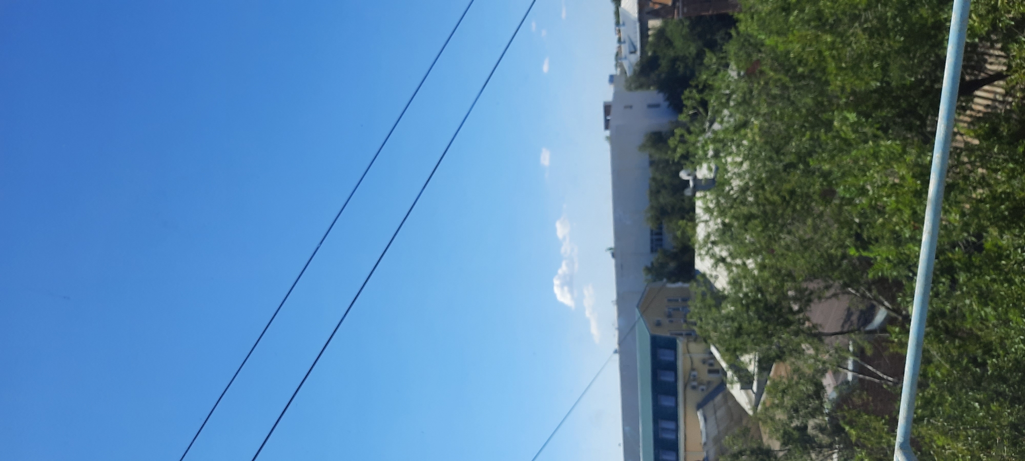 The image depicts a scene in Astrakhan, Russia, on a clear day. The sky is a vibrant blue with a few wispy white clouds. In the foreground, a bright blue railing runs horizontally across the bottom of the frame, partially obscuring a dense canopy of green trees. Behind the trees, several buildings are visible.
The most prominent building is a large, light-colored structure with a flat roof, likely an industrial or commercial building. To its left, a smaller building with a dark green roof and several evenly spaced windows is visible. Further left, a yellow building with a pitched roof and multiple windows can be seen. The tops of more residential buildings, with grey or white roofs, are visible peeking through the trees.
Power lines stretch diagonally across the sky in the upper portion of the image. The overall impression is an urban landscape, likely a suburban area given the prevalence of trees and the mix of industrial and residential structures. The lighting suggests it is daytime, likely late morning or early afternoon, given the brightness of the sky and the shadows cast. There are no people clearly visible in the image.