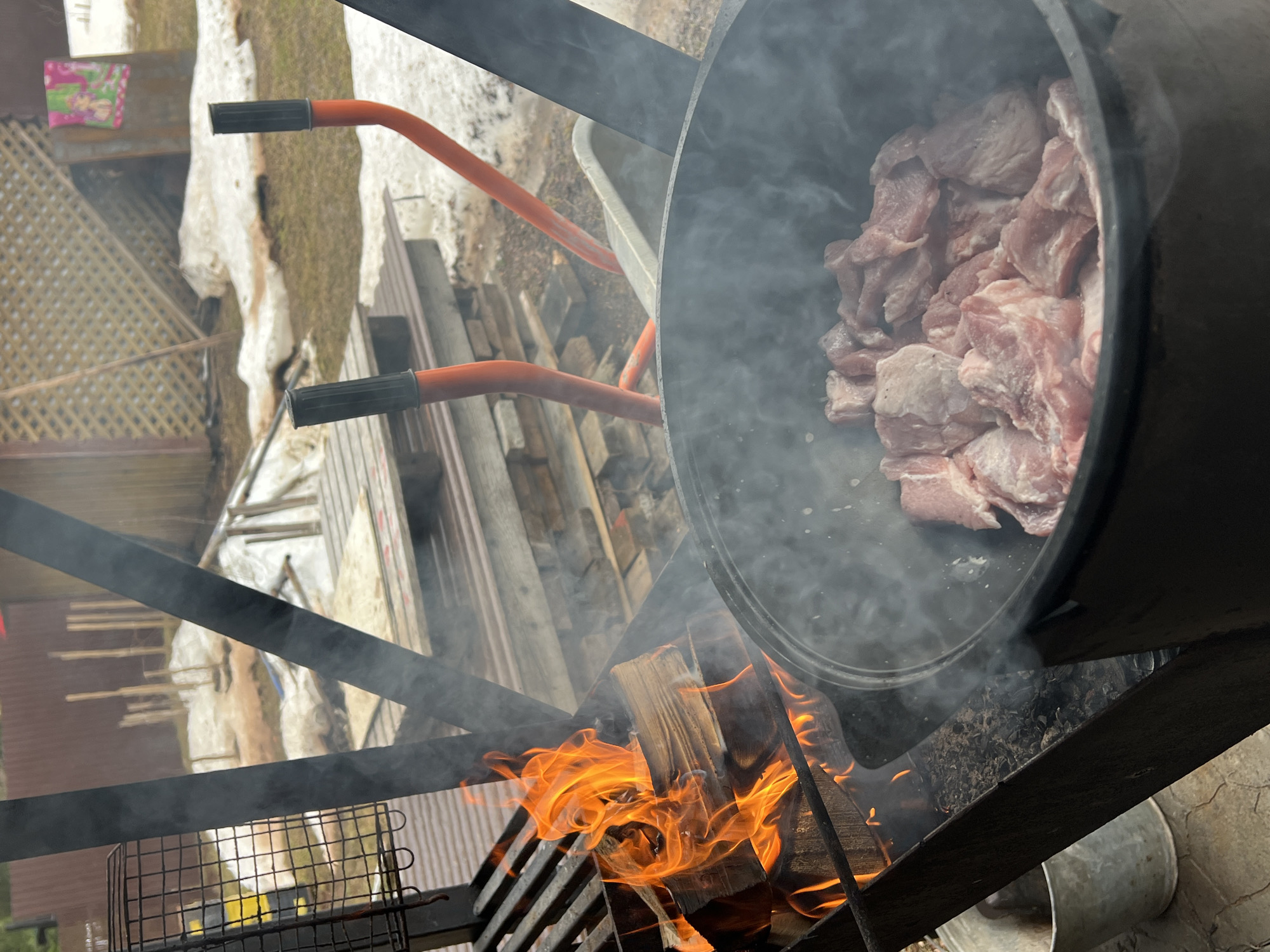 An outdoor cooking scene is captured in a vertically oriented photograph, currently rotated 90 degrees clockwise. In the foreground, a large, dark metal pot, likely a kazan, is positioned over an open wood fire. Inside the pot are numerous chunks of raw, light pink meat, appearing to be seasoned or lightly coated. Thick plumes of white smoke rise from the pot and the crackling orange flames below, fueled by several logs of wood.
The pot rests on a sturdy, dark metal stand or frame, which partially obstructs the view of the fire and the surrounding area. Below the fire, a metal grate or basket is visible. To the left of the cooking setup, an orange-handled hose, possibly part of a wheelbarrow, can be seen, with a section of the wheelbarrow itself visible further back.
The background reveals a rustic, outdoor setting. Patches of snow and bare ground are visible, suggesting either late winter or early spring. Wooden planks, construction materials, and debris are scattered across the ground. Parts of a wooden lattice structure, possibly a fence or building facade, are also discernable. In the upper left background, a small pink item with a colorful illustration is perched on a wooden surface. No people are visible in the image. The scene suggests the preparation of a meal in a rural or backyard environment, likely in Protasy, Russia, given the context.