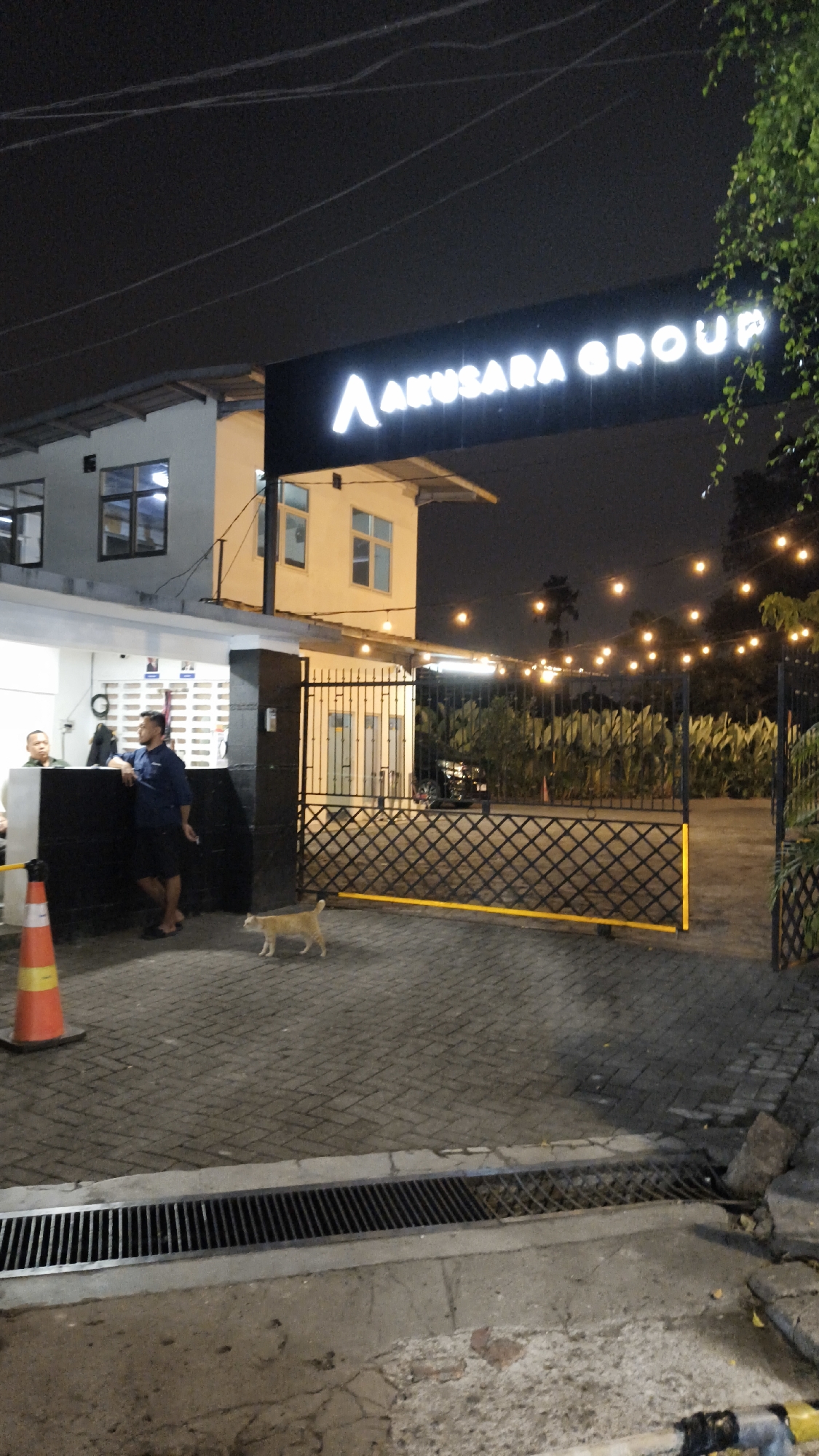 At night, a gate with a diamond pattern, illuminated by string lights and a large sign reading "ARUSARA GROUP" in white, is visible in South Jakarta, Indonesia. A tan cat walks on the cobblestone ground in front of the gate. To the left of the gate is a white building with multiple windows, and at its entrance, a man in a blue shirt and dark shorts stands near a counter, appearing to be interacting with another person. An orange traffic cone is positioned on the ground to the left. The scene is dimly lit, with the sign and string lights providing most of the illumination.