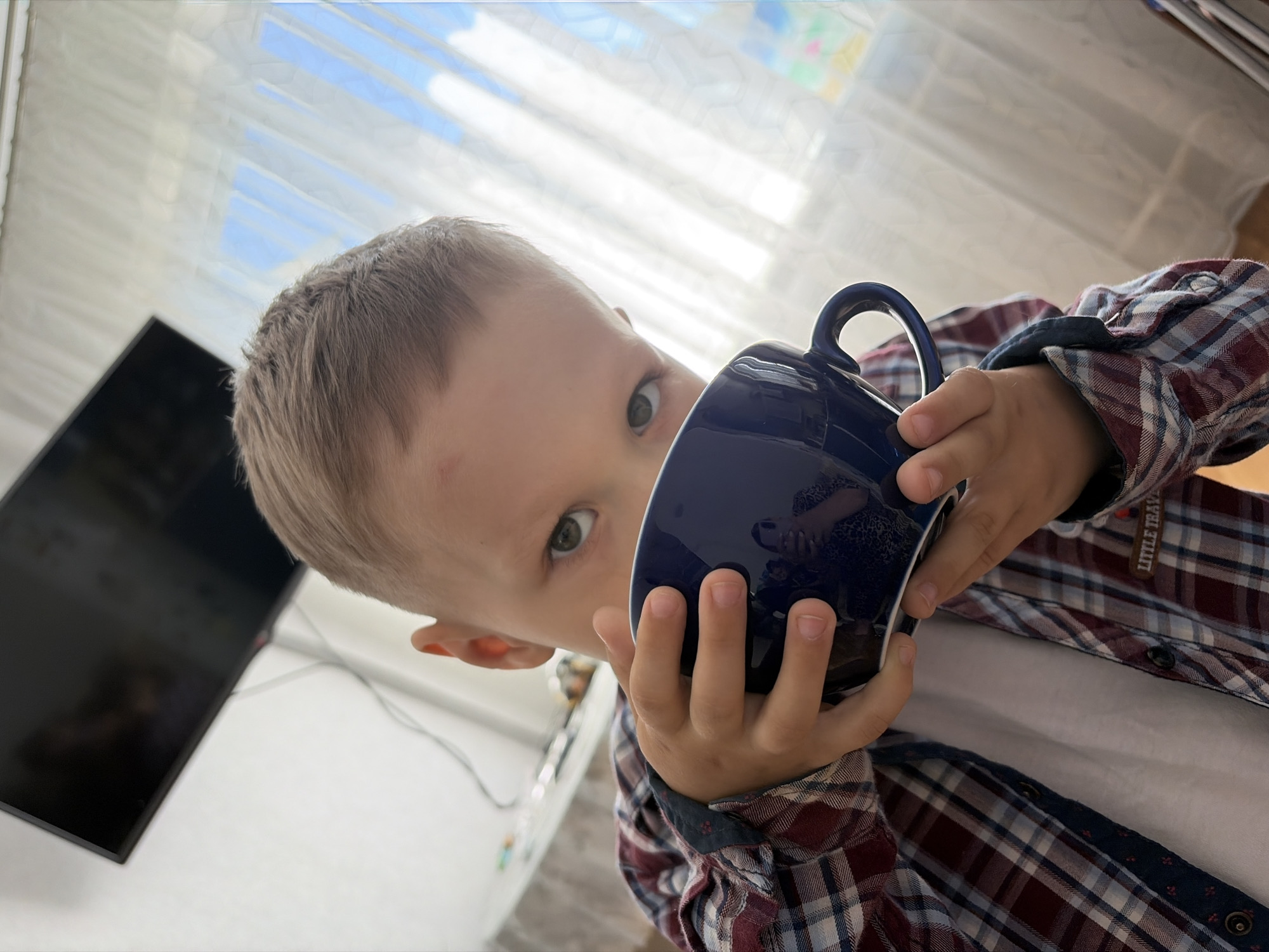 A young boy with blond hair and green eyes is holding a dark blue mug in front of his face, obscuring his mouth. He is wearing a red and blue plaid shirt over a white t-shirt. His left hand is holding the mug from the side, and his right hand is supporting the bottom of the mug. The boy is looking directly at the camera. In the background, a television screen is mounted on the wall, and sheer white curtains hang in front of a window. The scene appears to be indoors, possibly in a living room. The reflection in the mug shows a person holding a phone, presumably the photographer. The location is the city of Chaikovsky, Russia.