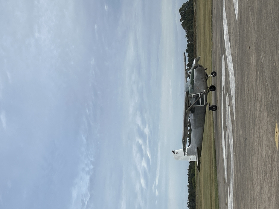 A single high-wing, propeller-driven aircraft, bearing the registration "LV-CQS" on its vertical stabilizer, is stationary on a paved runway or taxiway in Chascomús, Argentina. The aircraft is primarily dull grey with a green engine cowling, and its pilot-side door is visibly ajar. White painted numerals or letters are partially visible on the concrete surface in the foreground. The immediate environment comprises a flat, green grassy field, which transitions into a dense line of dark green trees along the horizon. The sky is uniformly overcast with light grey clouds, suggesting diffuse daylight conditions. No individuals are present within the visible scene.