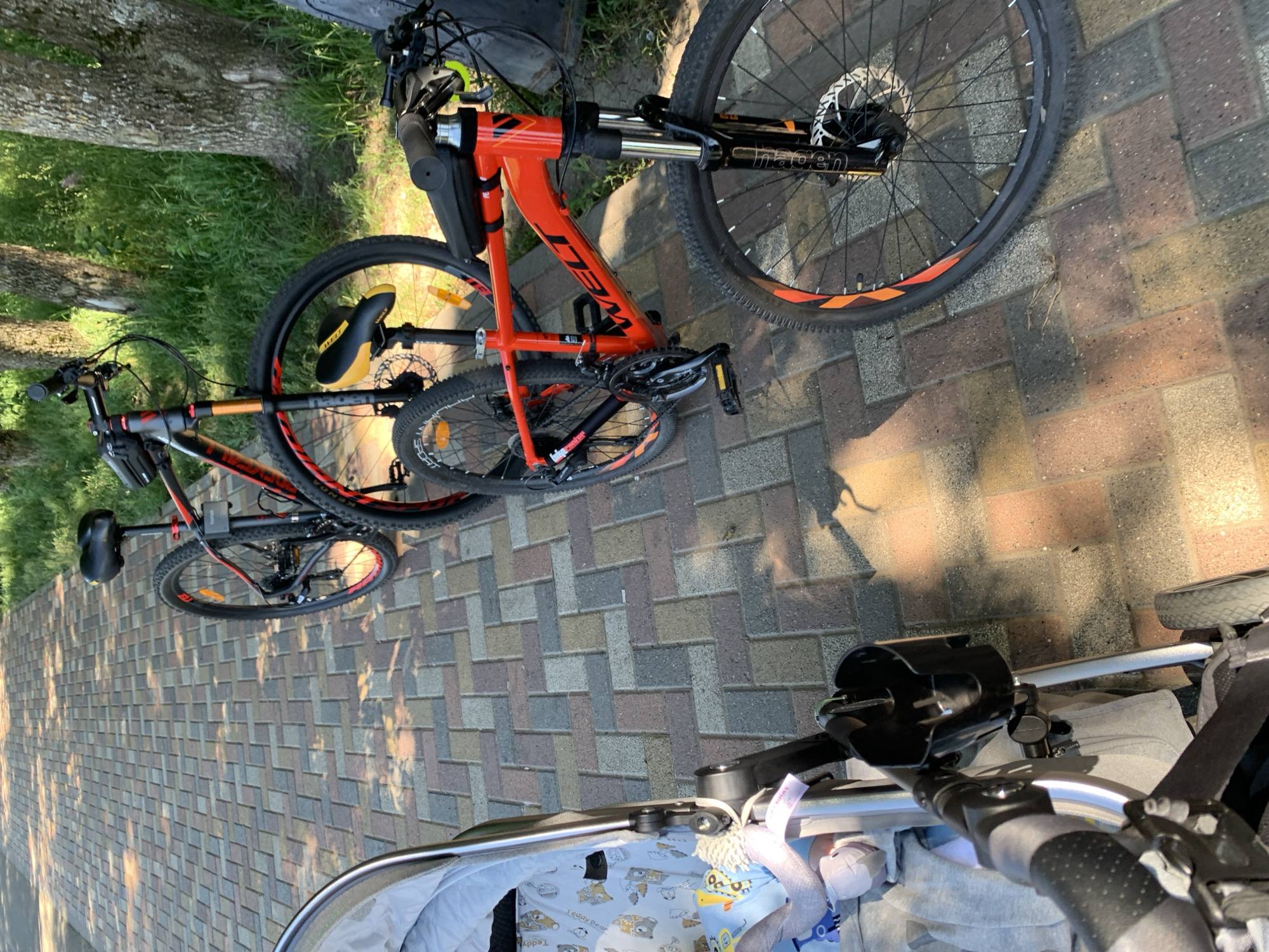 Two bicycles are parked on a paved walkway. The foreground shows the handlebars and part of the frame of a stroller. The bicycles are parked next to each other. The larger bicycle, which is red and black, is in the background and is angled with its front wheel facing to the right. The smaller, black bicycle is in front of the red and black one and is also angled. The bicycles appear to be mountain bikes with knobby tires. The walkway is made of interlocking rectangular bricks in various shades of gray, brown, and tan. Sunlight casts shadows on the walkway, suggesting it is daytime. To the left of the walkway, there is grass and the trunks of two trees. The scene appears to be outdoors in a park or a residential area. No people are visible in the image. The bicycles are the primary objects.