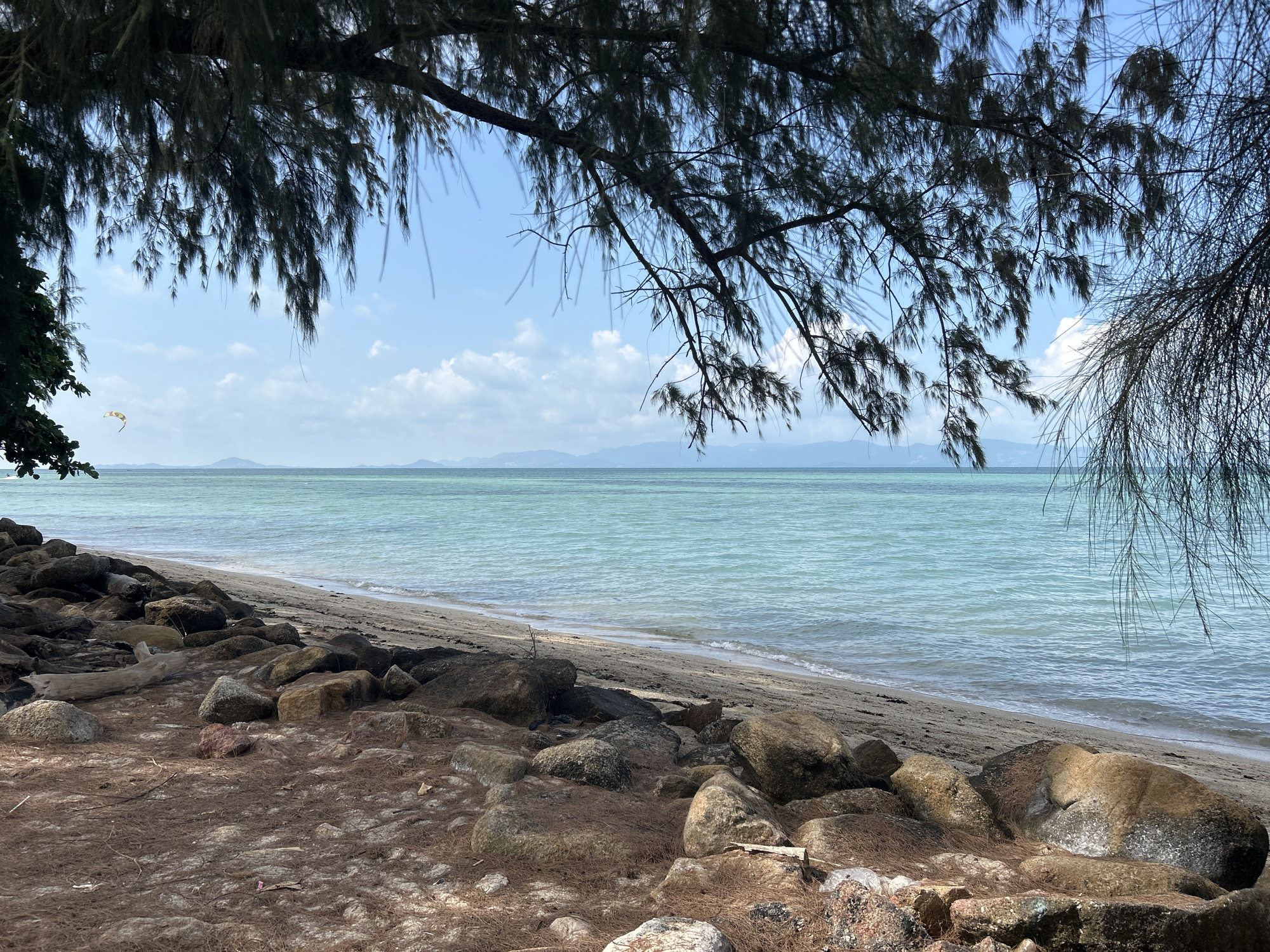 A coastal scene in Moo 1, Thailand, features a rocky beach under the shade of trees. The foreground shows an area covered with brown pine needles, interspersed with various-sized rocks. A scattering of larger rocks leads to the sandy beach, which meets the calm, greenish-blue water of the sea. In the distance, a faint line of land or islands is visible under a sky with scattered clouds. A kiteboarder is visible in the distance. Overhanging tree branches frame the top of the image, creating a shadowed canopy.