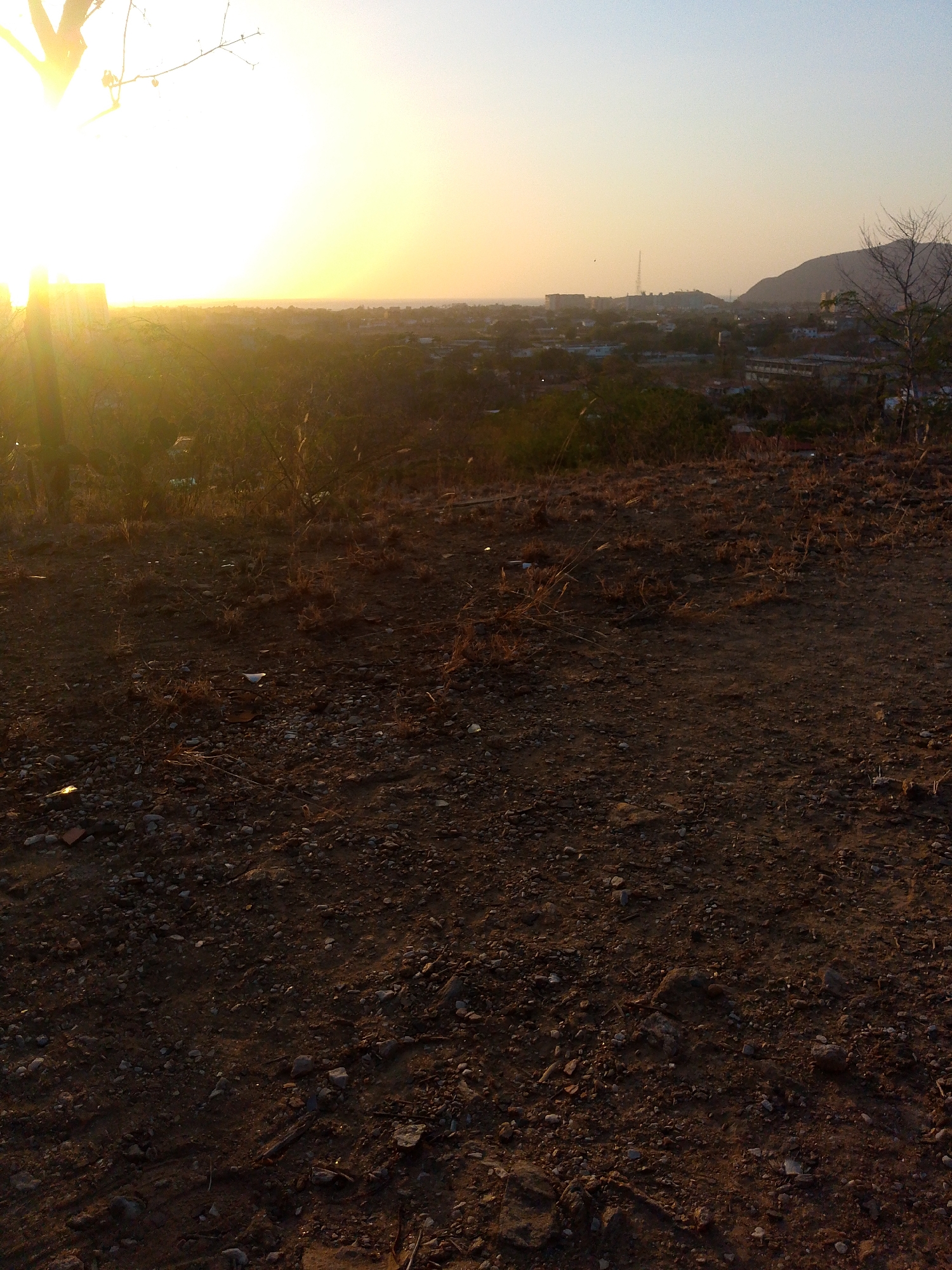 The image shows a dusty, rocky foreground leading to a view of Juan Griego, Venezuela at sunset. The setting sun casts a strong glare and long shadows. In the midground, sparse vegetation covers the area between the foreground and the distant cityscape. The city itself is composed of buildings, with a mountain visible on the right side of the frame. A tower is visible within the city. The sky transitions from a bright yellow near the sun to a pale blue.