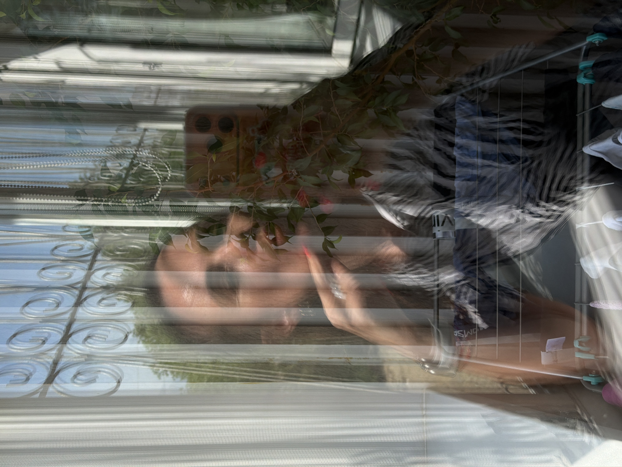 The image shows a person reflected in a window, possibly indoors. The reflection is overlaid with the view outside, including greenery and other objects. The person is wearing a garment with a zebra-like pattern. Some foliage is visible, possibly a plant or tree near the window. The background has a suggestion of city scenery through the window's reflection. It is not possible to determine if the location is specifically Birobidzhan, Russia.
