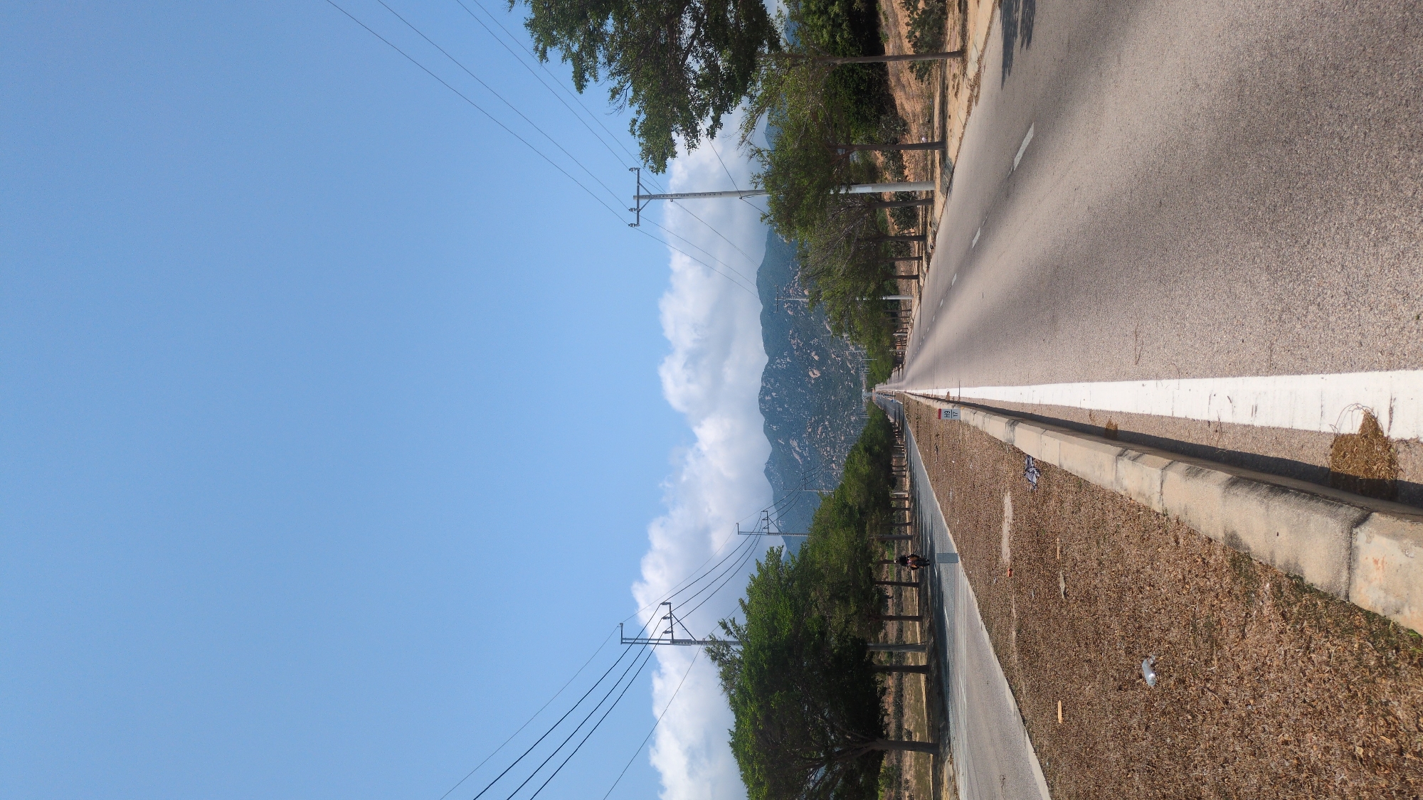 The image shows a road in Phước Dinh, Vietnam, running straight into the distance towards mountains partially obscured by clouds. The sky above is a clear blue. Overhead power lines are visible on the left side. Trees line both sides of the road. A white line marks the edge of the paved surface. Dry grass and a concrete curb are on the right side of the road.