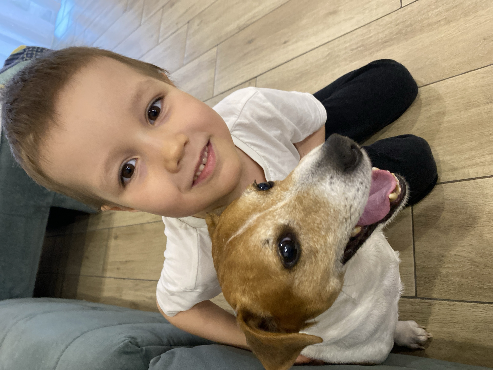 A vibrant, slightly tilted, high-angle shot captures a moment of joy between a young boy and a dog indoors. The boy, with brown hair and dark eyes, is seen from the chest up, lying on a light brown wooden floor. He is wearing a white short-sleeved t-shirt and black pants, and sports a wide, happy smile, looking directly at the camera.
Cuddled close beside him is a Jack Russell Terrier dog with distinctive brown and white markings. The dog's head is also angled towards the camera, with its mouth slightly open and tongue out, conveying a sense of happiness or playfulness. Its dark eyes are bright and engaging.
The setting appears to be a cozy indoor environment, likely a home. The floor is made of light-colored wooden planks, and a dark grey or blue sofa cushion is visible on the left side of the frame, suggesting they are lounging on or near furniture. The lighting is soft and even, typical of indoor daytime conditions. There is no visible text in the image. The overall impression is one of warmth, affection, and genuine happiness between the child and his pet.