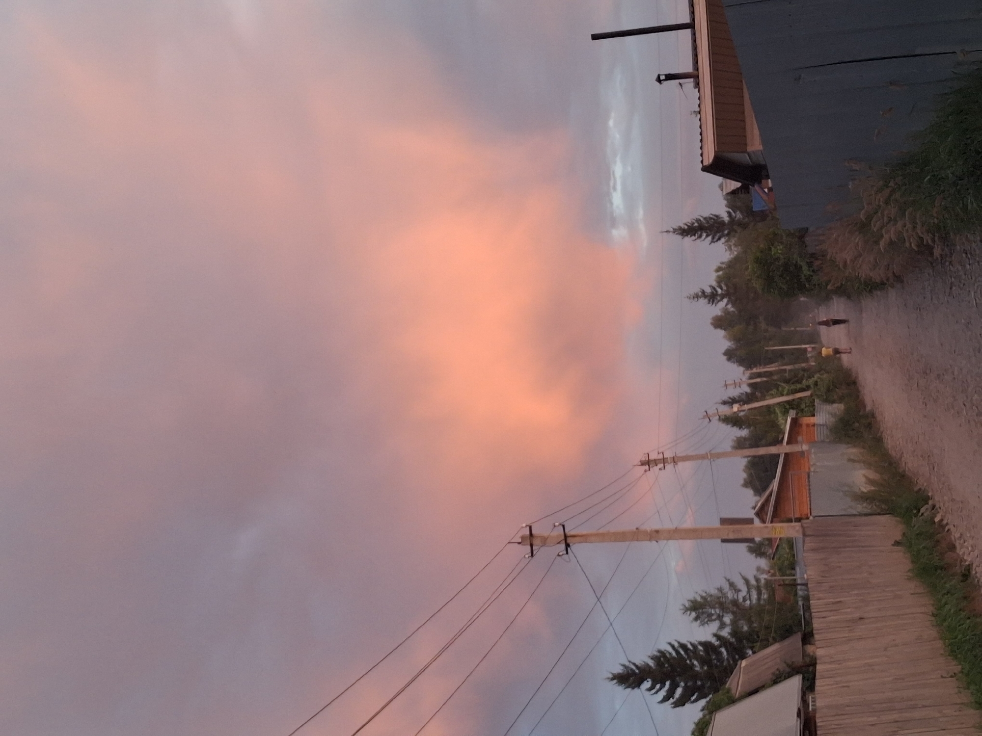In Krivodanovka, Russia, a dirt road stretches into the distance, flanked by wooden fences and houses. Power lines crisscross the sky, supported by concrete poles. The sky is painted with the soft hues of a sunset, with a large, pink cloud dominating the frame. Two individuals, a male and a female, walk away from the camera down the road, their figures silhouetted against the dusky light. Trees, including tall evergreens, line the sides of the road and the surrounding area, suggesting a rural or semi-rural setting. The overall atmosphere is peaceful and serene.