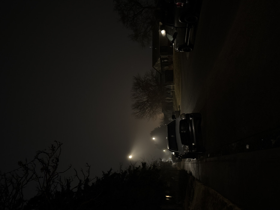 This image depicts a residential street at night in Calgary, Canada, under conditions of dense fog. Streetlights emit diffuse yellow-white illumination through the atmosphere. In the foreground, a dark asphalt road and a wet sidewalk are present. A white pickup truck is parked parallel to the left curb, facing away from the viewer, its front grille and bumper illuminated by a distant streetlight. A line of dark trees, consisting of both evergreen and bare deciduous varieties, runs along the sidewalk. On the right side of the street, a dark-colored pickup truck is parked parallel to the curb, with its rear and side profile dimly visible. Beyond the parked vehicles, single-story residential houses are observed, one on the right displaying an active exterior light. Bare-branched deciduous trees populate the residential yards. No individuals or specific actions are discernible within the frame.