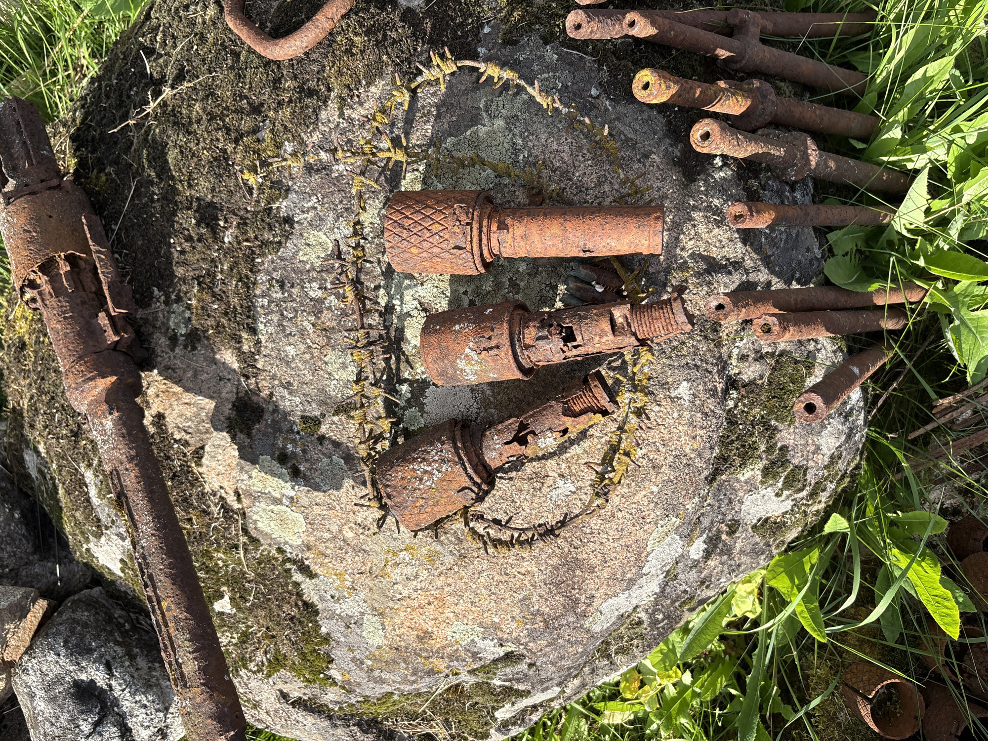 The image shows a collection of heavily rusted military artifacts, including what appear to be hand grenades and possibly parts of a weapon, scattered on and around a large, moss-covered boulder. Barbed wire is intertwined with some of the objects, suggesting a historical military context. The scene is set outdoors, with green grass and other foliage visible. The artifacts are predominantly reddish-brown from rust, indicating significant age and exposure to the elements. Some of the objects have broken or damaged sections. The overall impression is one of decay and historical significance. The location is identified as Zhalybnya, Russia, which may imply a specific historical battlefield or storage site.