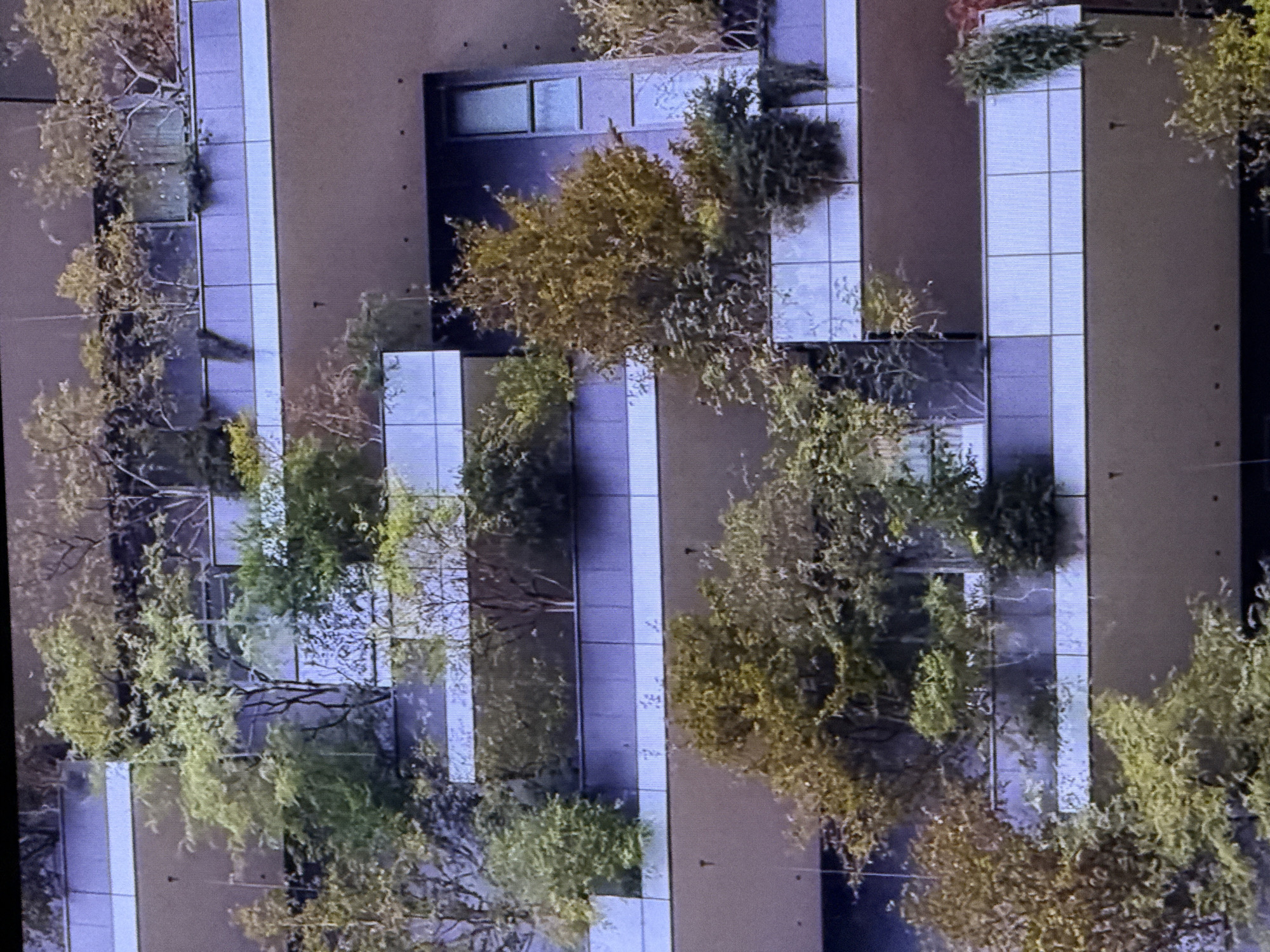 The image shows a close-up of a residential building with balconies covered in lush greenery. The building features multiple levels, each with a balcony containing trees and plants. The balconies are separated by horizontal bands of light-colored material, and the building's facade is a neutral, muted color. The overall impression is of a modern, sustainable urban dwelling integrated with nature. The specific location in Dubai, United Arab Emirates is not discernible from the image itself. There are no people or explicit actions visible in the scene.