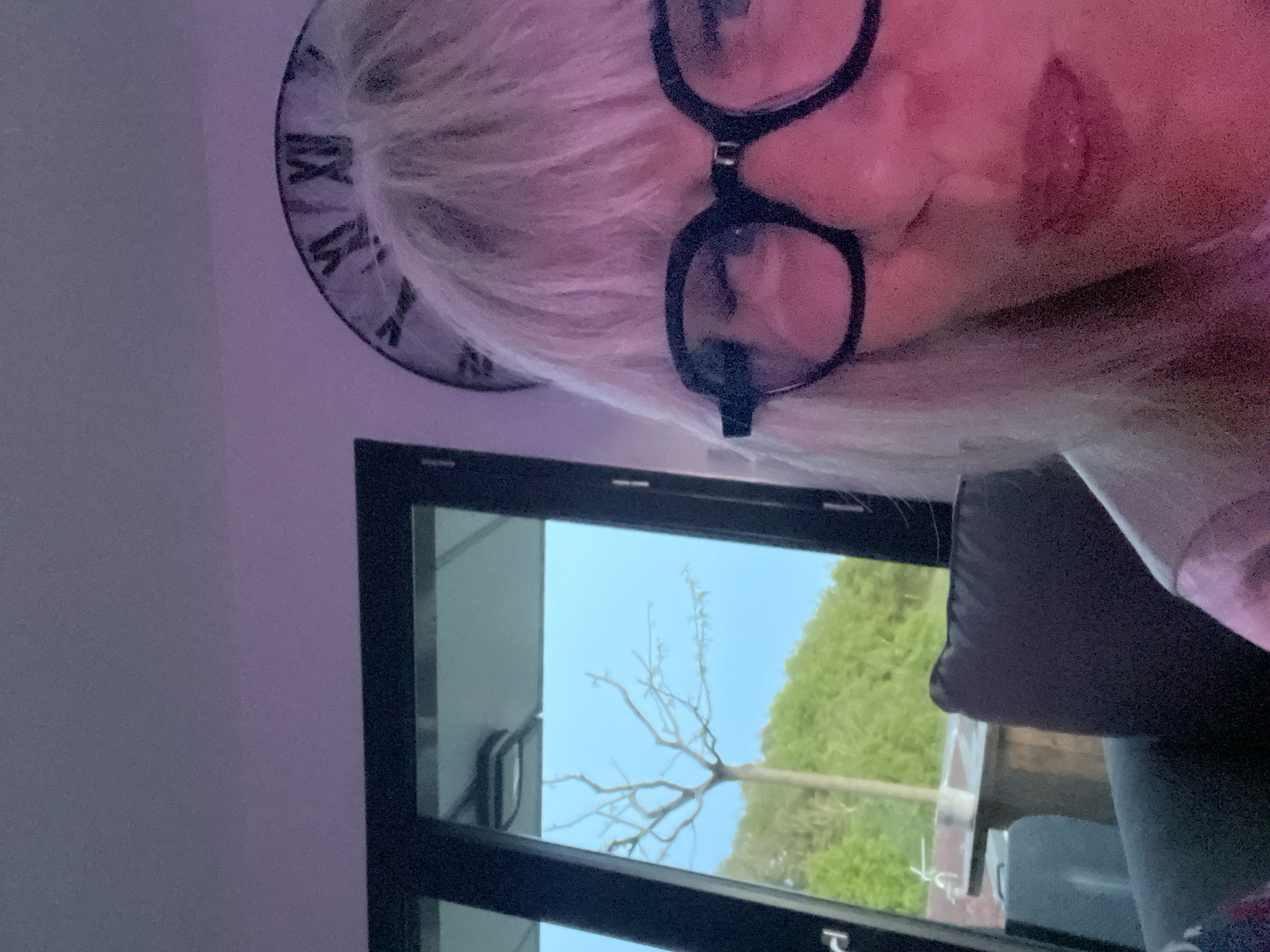 A vertically oriented, close-up photograph captures a person indoors, partially showing their face, hair, and surroundings. The individual has light-colored hair and wears black-framed glasses, with one eye partially visible behind a lens. A section of their face, including the nose bridge and mouth with red lipstick, is visible, suggesting a neutral or slightly smiling expression. A prominent pink/purple light source or filter bathes the indoor scene, especially the person's hair and skin.
In the upper left quadrant, a round object displays Roman numerals (XII, XI, X, IX, VIII, VII), indicating it is likely a clock face or a decorative item with clock-like markings.
The lower half of the image is dominated by a large window with a black frame, offering a view of the outdoors. Beyond the window, a clear blue sky is visible above a developing tree with visible buds on its bare branches, flanked by vibrant green foliage, likely trees or bushes. This suggests a clear day. Inside, a dark, possibly grey, cushion or pillow is visible near the window. The person's head is angled downwards, potentially looking at a screen, which is subtly reflected in the lower foreground. The setting appears to be a room in Chambœuf, France, with a view of a natural outdoor environment.