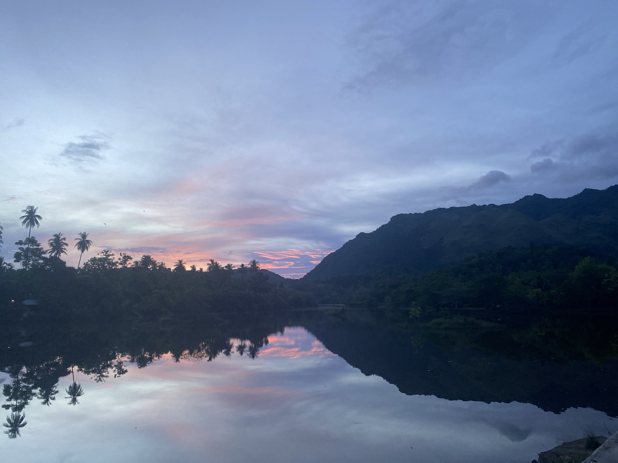 The image captures a serene twilight scene over a body of water in Aneuk Paya, Indonesia. The sky is a gradient of pale blue and soft pink hues, reflecting in the calm water below. Silhouetted palm trees and lush green vegetation line the left bank of the water, their reflections mirrored perfectly on the surface. To the right, a dark, imposing mountain range dominates the horizon, also partially reflected in the water. The overall atmosphere is tranquil and natural.