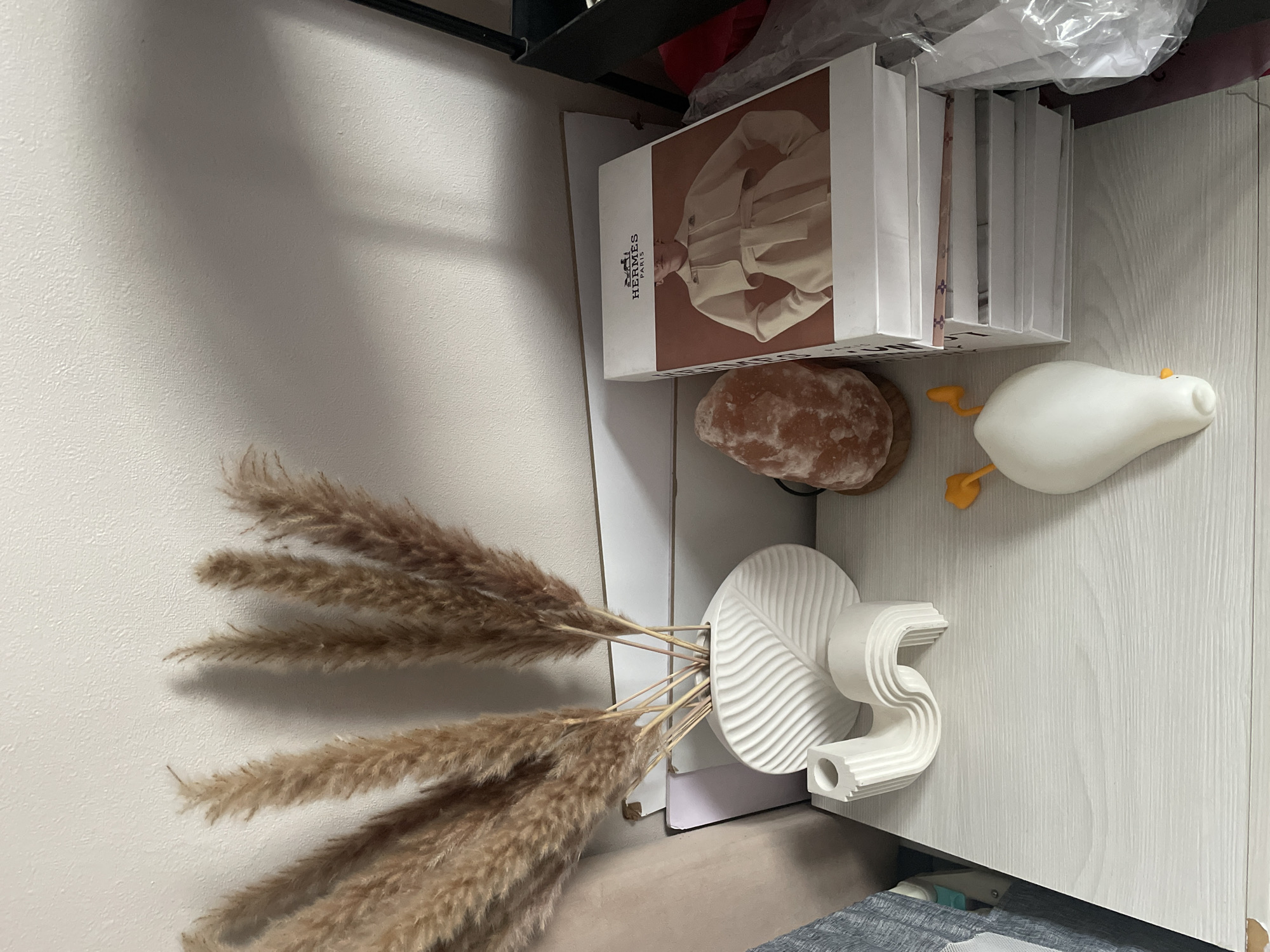 An indoor scene depicts a collection of decorative objects placed on a white, wooden surface. To the left, a white, textured vase holds several dried, light-brown pampas grass stalks. Beside the vase, a white, wavy ceramic sculpture is positioned. Further to the right, a Himalayan salt lamp emits a soft orange glow. Adjacent to the lamp, a stack of white boxes, one with an image of a person wearing a beige coat and the "HERMES PARIS" logo, rests on the surface. In the foreground, a white, duck-shaped object with orange accents is visible. The background shows a textured, off-white wall with shadows cast upon it. The overall scene is a still life arrangement of home decor items. The image does not provide any geographical context or clues that would allow for its location to be identified as Almaty, Kazakhstan.