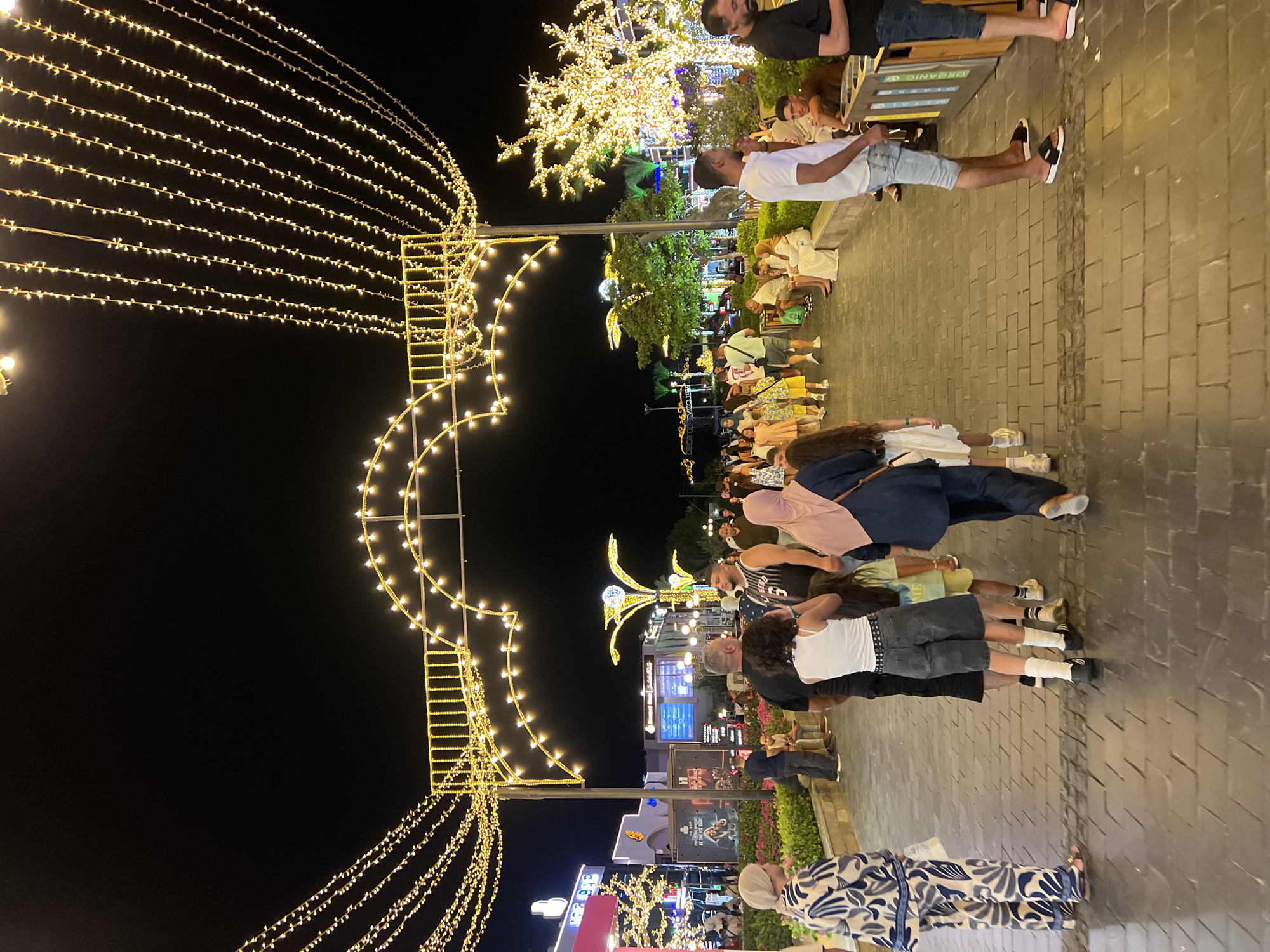 This is a full-frame, eye-level, vertical shot of a busy pedestrian walkway at night in Sharm El Sheikh, Egypt. The scene is illuminated by numerous strings of yellow lights that form arches and are draped across the sky, as well as by decorative lighting on trees and buildings. A diverse group of people, dressed in casual clothing and some in traditional attire, are walking along the brick-paved walkway, appearing to be enjoying a night out.
In the foreground, a woman in a patterned blue and white outfit walks away from the camera. To her right, a family group includes a woman in a white tank top and denim shorts, and two children. Further down the path, men and women of various ages are seen walking, talking, and socializing. Some individuals are seated on a low wall lining the walkway.
In the background, there are shops and restaurants with illuminated signs and storefronts. A prominent feature is a large tree completely covered in bright yellow lights, resembling a glowing spectacle. The overall atmosphere suggests a vibrant and festive urban environment, characteristic of a popular tourist destination like Sharm El Sheikh.