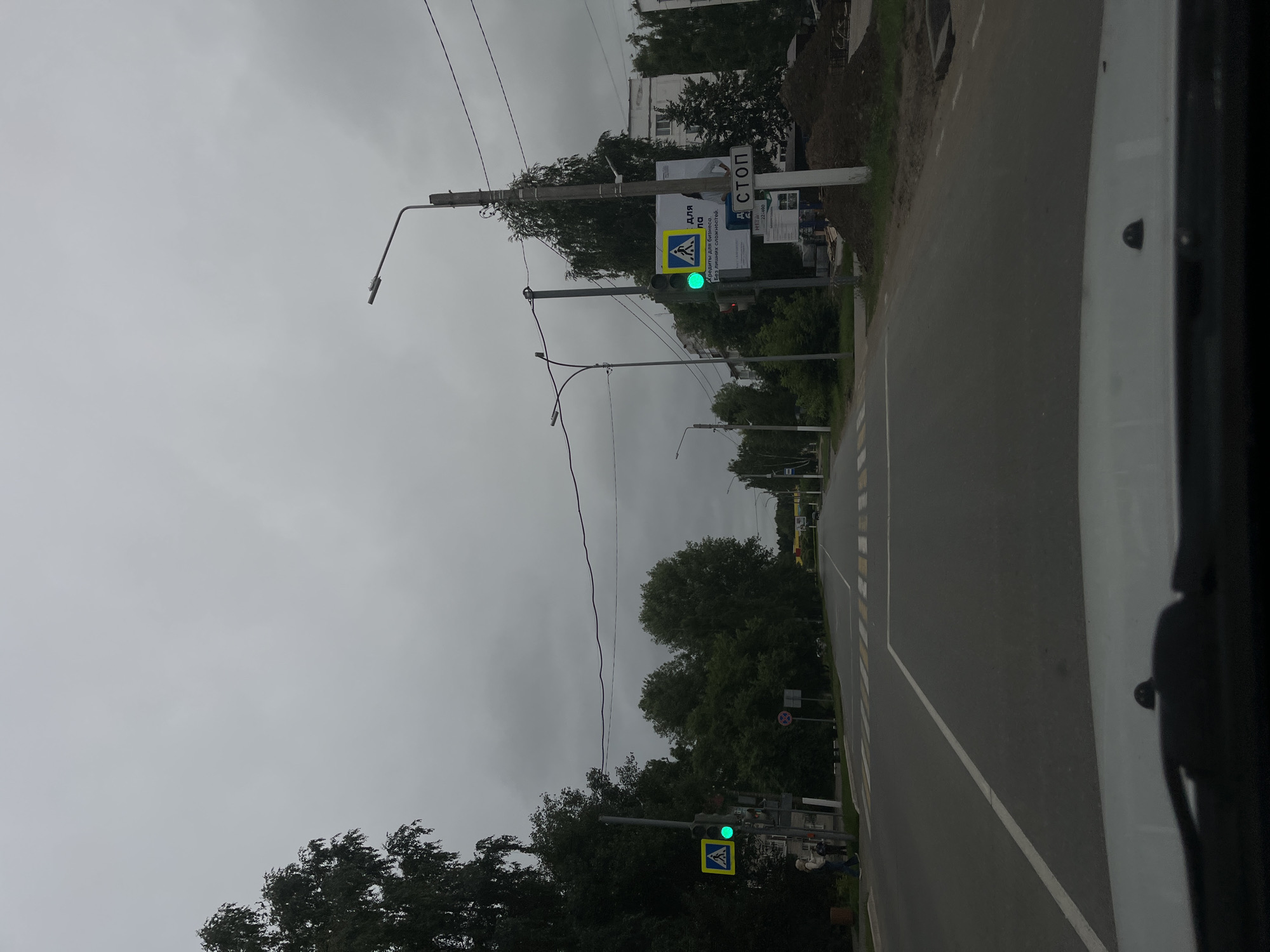 The image shows a street scene in Chaikovsky, Russia, on an overcast day. A road with a pedestrian crossing is visible in the foreground, with a car's dashboard partially in view. To the left, a traffic light displays a green signal, and a pedestrian crossing sign is posted. Trees line the sides of the road, and buildings are visible in the distance. A billboard with Russian text and an image of a person is mounted on a pole, alongside a "STOP" sign. Construction materials and a pile of dirt are present on the right side of the road. A few pedestrians are seen near the pedestrian crossing on the left. The sky is cloudy and grey.