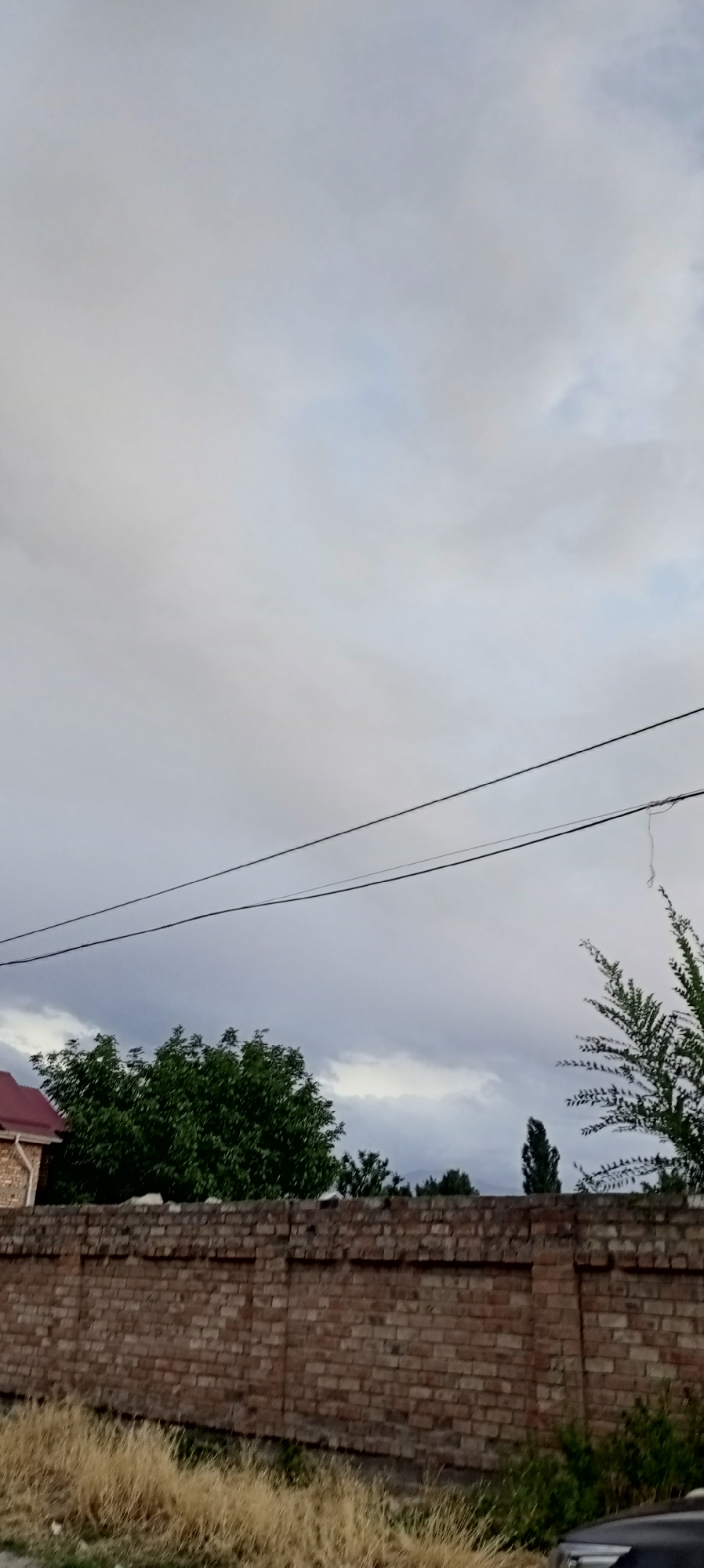 The image shows a brick wall in the foreground, with dry grass in front of it. Behind the wall, there are several trees and the roof of a building. Two power lines stretch across the sky, which is cloudy and overcast. In the distance, faint mountains can be seen. The scene appears to be in a rural or suburban area, possibly in Romanovka, Kyrgyzstan, given the context. No people are visible in the image.