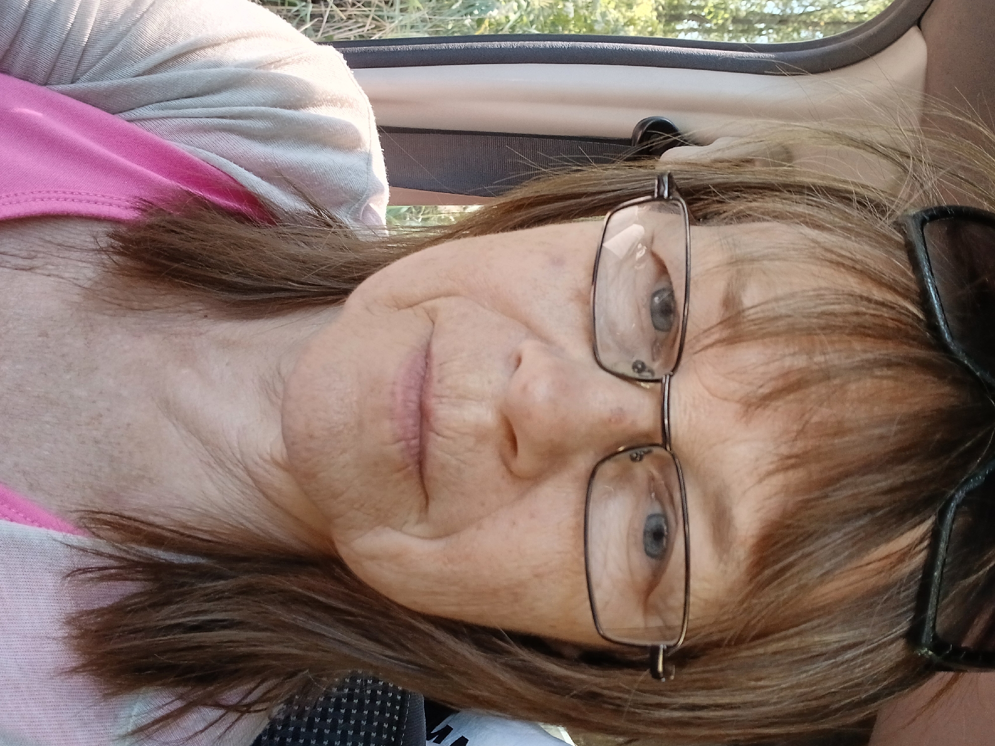 A middle-aged woman with blonde hair and glasses is looking into the camera. She is wearing a pink shirt and a beige cardigan. She is sitting in what appears to be a car, with a window on the left side of the frame showing greenery outside. Sunglasses are resting on top of her head. The image is a selfie taken from a chest-up perspective. The location is Znamianka, Ukraine.