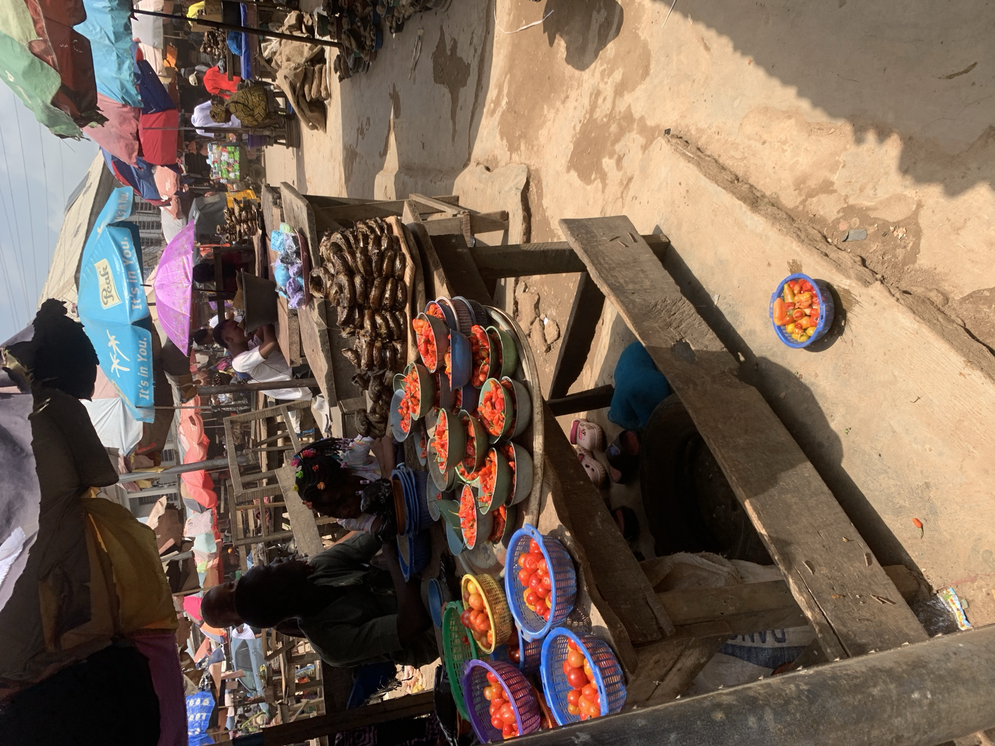 The image shows a bustling marketplace in Shagamu, Nigeria. Several vendors are present. One vendor is selling tomatoes that are stacked in bowls and colorful baskets. There is a display of what appears to be dried fish. The market stalls are shaded with umbrellas, and the atmosphere appears vibrant and busy. The setting is somewhat rudimentary, with simple wooden structures and uneven ground.