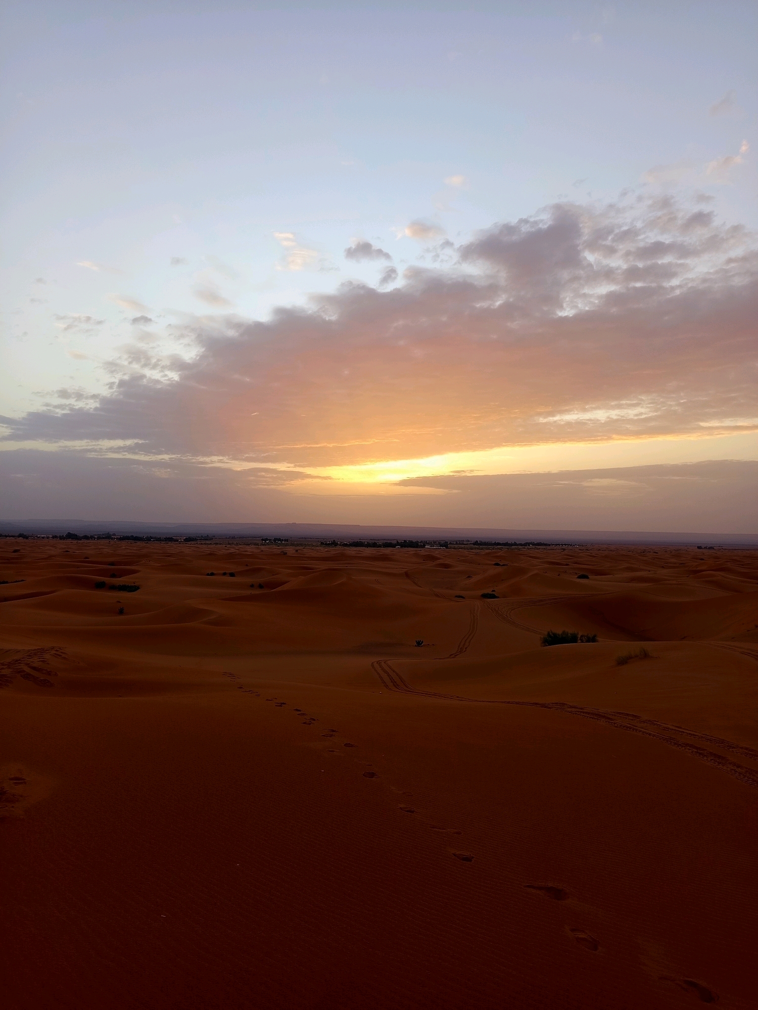 The image shows a desert landscape with sand dunes at sunset. The sky is filled with soft, multicolored clouds, ranging from pale blue and pink to orange and yellow where the sun is setting on the horizon. In the distance, a low-lying town or settlement is visible, with a flat horizon line separating the desert from the sky. The foreground and midground are dominated by undulating sand dunes, with visible footprints and tire tracks indicating recent human or vehicle activity. Scattered clumps of sparse vegetation are present on some of the dunes. The overall impression is one of a serene, vast desert environment during the twilight hours.