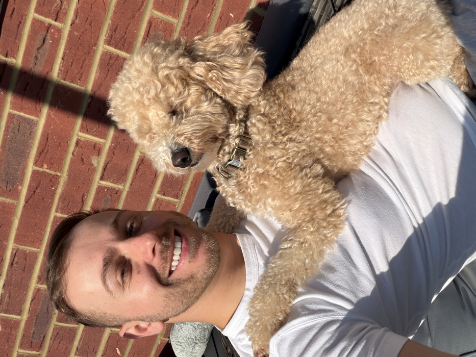 The image features one adult male and one dog situated outdoors, bathed in strong sunlight. The male, positioned on the left, presents with light skin, short brown hair, and facial stubble. He wears a white short-sleeved t-shirt and exhibits an open-mouth smile directed towards the camera. The dog, a light-brown, curly-haired poodle-type, rests on the male's lap and upper torso. Its right foreleg extends over the male's left shoulder. A tan collar with a metallic rectangular tag bearing the inscription "SAS" is visible on the dog's neck. The dog's head is turned slightly to the right, and its eyes are obscured by fur. The immediate background consists of a red-brick wall with uniform masonry. The subjects are seated on dark-colored outdoor cushioning. No specific landmarks or architectural features are present to identify the precise location within London, United Kingdom; however, the setting is consistent with a residential outdoor area within the city.