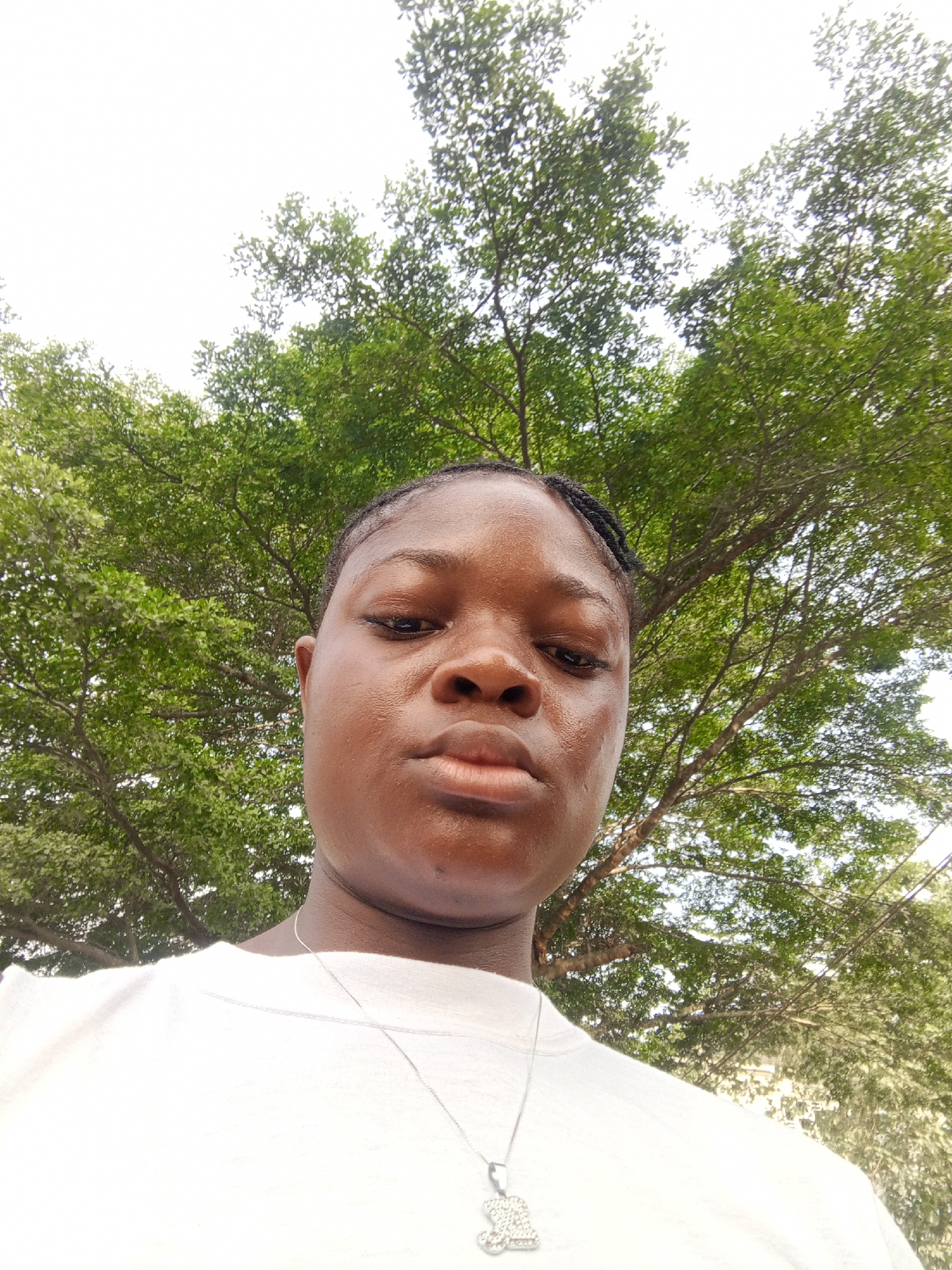 A close-up, low-angle portrait shows a young Black individual outdoors in Mbribit, Nigeria. The subject, positioned in the lower portion of the frame, looks directly at the camera with a neutral, slightly serious expression. Their skin appears to have a natural sheen. Their hair is styled in tight, dark braids pulled back from the face. They are wearing a plain white t-shirt and a silver-colored necklace adorned with an intricate, possibly rhinestone-studded, pendant. The background consists of a dense canopy of lush green tree leaves and branches, suggesting a natural or park-like setting. Above and through the foliage, a bright, clear sky is visible, indicating broad daylight and good weather. The perspective suggests a selfie or a close-up shot taken from below. No visible text is present in the image.