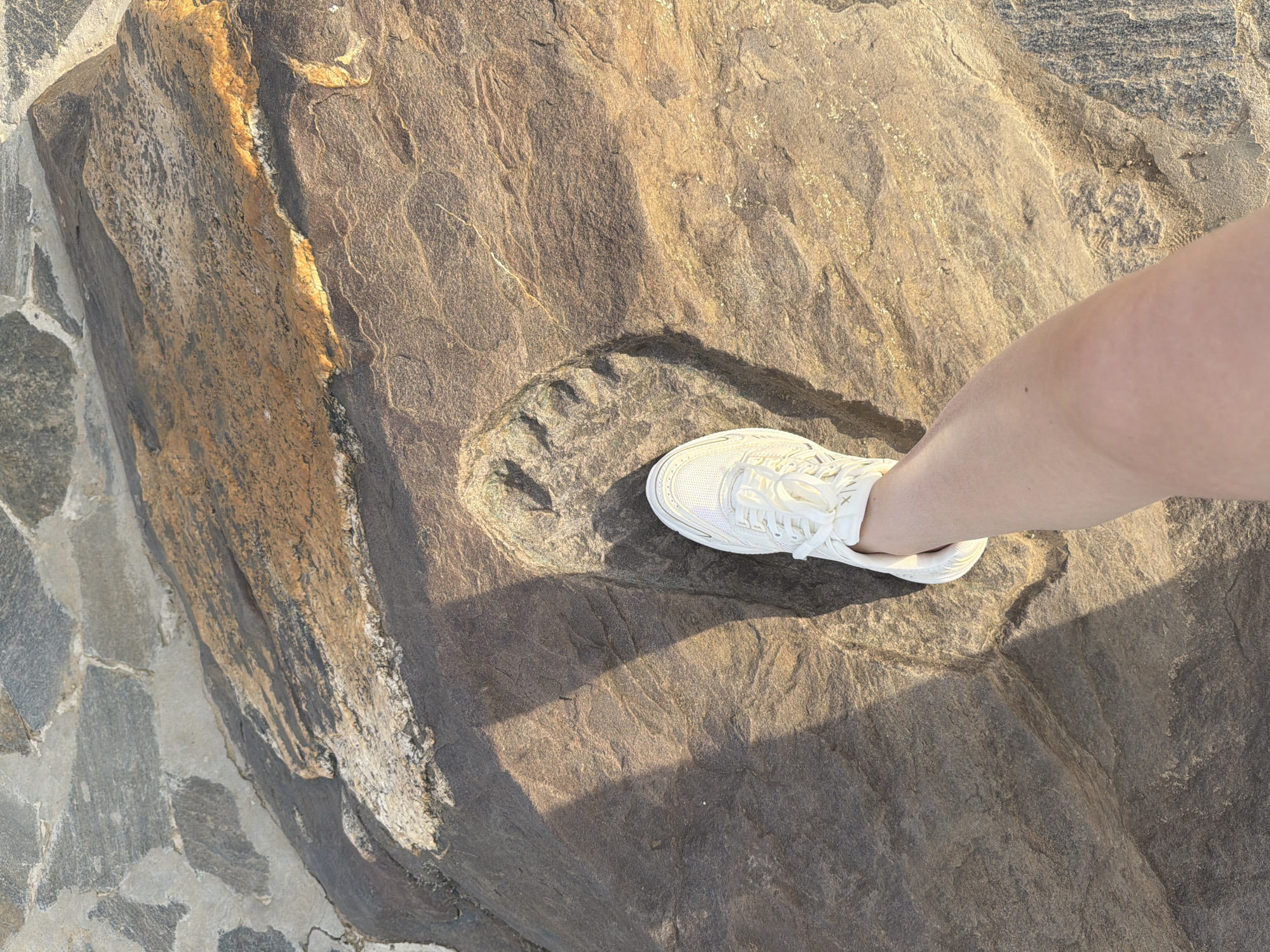 A person's leg and white sneaker are positioned over a natural rock formation with a distinct imprint. The imprint appears to be a footprint, with clear toe and heel definition. The rock itself is textured and varied in color, showing shades of brown, grey, and streaks of yellow and white, suggesting a geological formation. The background consists of similarly textured rocks, some of which are darker and appear to be part of a pathway or surrounding landscape. The lighting suggests it is daytime, with sunlight casting a shadow of the shoe and leg onto the rock. The scene appears to be outdoors, possibly in a natural park or historical site, given the presence of the imprint and the rugged terrain. There is no visible text in the image. The location context is Cherdyn, Russia.