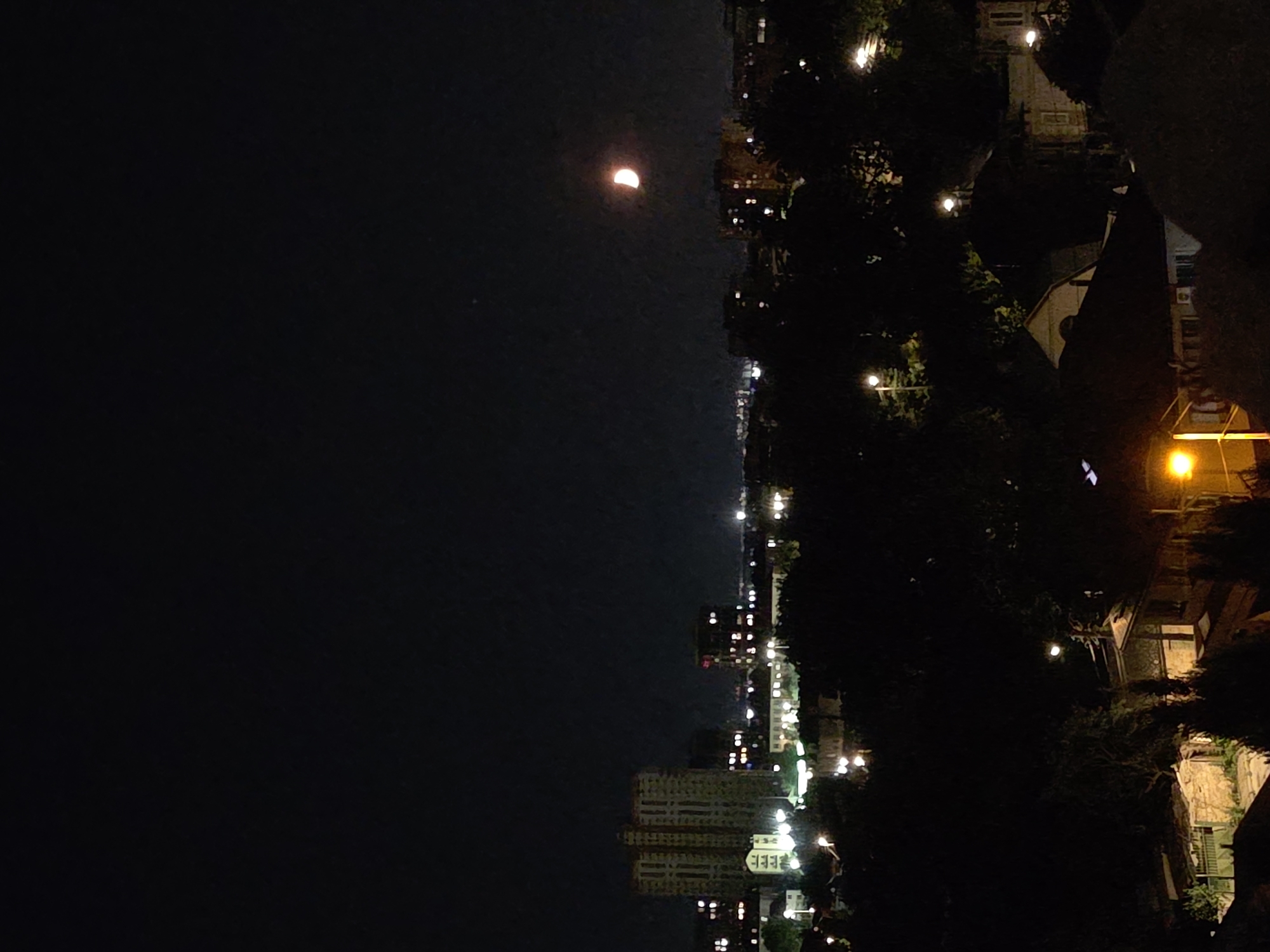 An aerial, nighttime view of a city skyline, presumably Kyiv, Ukraine, shows a dark, clear sky with a crescent moon visible in the upper right quadrant. Below the sky, the silhouette of a city unfolds, characterized by an array of buildings and trees. Tall, rectangular apartment buildings with illuminated windows punctuate the landscape. Shorter structures, possibly houses or smaller commercial buildings, are also present, many with lit windows. Streetlights cast pools of yellow light, illuminating pathways and areas within the urban sprawl. The dense foliage of trees obscures much of the ground level, creating a layered effect with the urban structures. The overall impression is one of a quiet, residential or mixed-use area at night, with the moon and city lights providing the primary illumination against the dark backdrop.