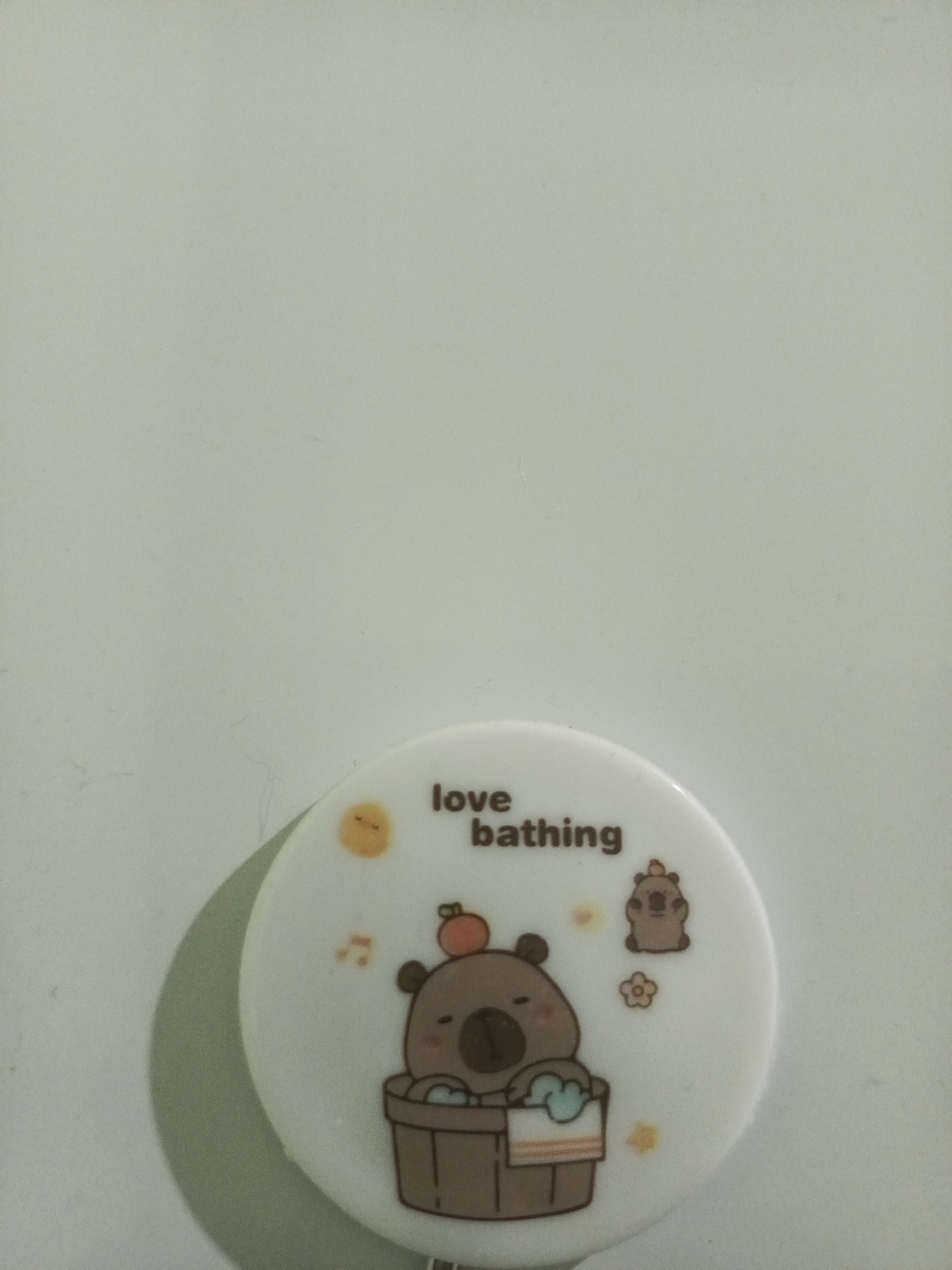 A circular white sticker with cartoon illustrations is placed on a light green, textured surface. The sticker depicts a brown bear sitting in a brown tub filled with bubbles, holding a blue towel. The bear has an orange apple on its head and blushing cheeks. Above the bear, the words "love bathing" are written in brown text. To the right of the bear, there is a smaller illustration of another bear. Scattered around the main illustration are small yellow dots and a pink flower. The surface the sticker is on is a flat, uniformly lit background. There are no people or other discernible objects in the image, other than the sticker and the surface it is on. The image appears to be a close-up photograph of the sticker. The location in the city of Takhiatosh, Uzbekistan, cannot be determined from the provided image.