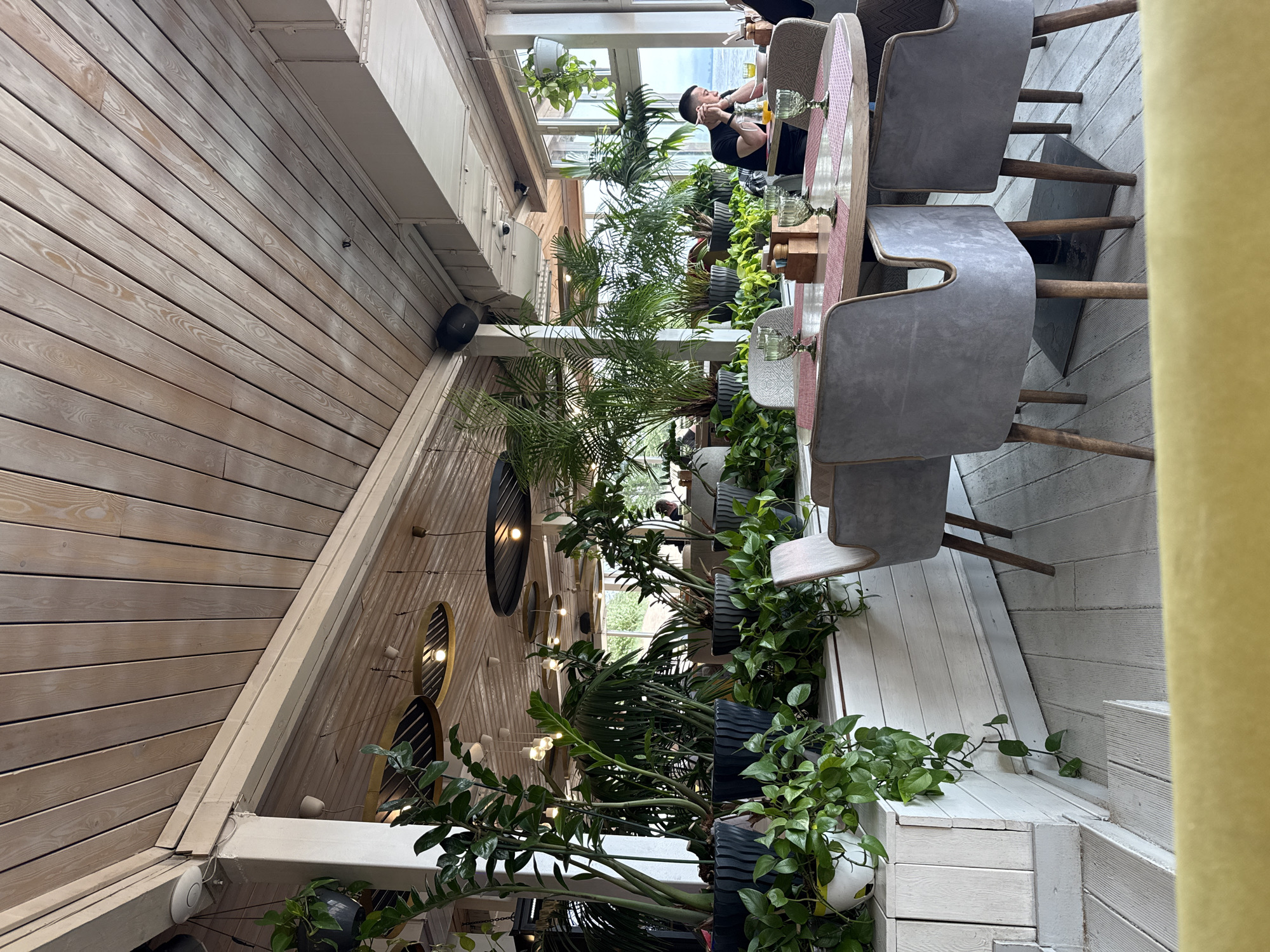 The image depicts the interior of a restaurant in Komarovo, Russia, likely during the daytime. The restaurant features a rustic, nature-inspired aesthetic with extensive use of wood and an abundance of live plants. The ceiling is constructed of light-colored wooden planks, running diagonally across the frame. Several large potted plants, including palm trees and vining plants, are strategically placed throughout the space, creating a lush, green environment.
In the foreground, a circular wooden table is set for a meal with glassware and place settings. Several chairs with gray upholstered seats and wooden legs surround the table. In the midground, a man wearing a black t-shirt is seated at a table by a large window, looking out towards a body of water. He is resting his head on his hands. Other patrons are visible in the background, though their activities are not discernible. The overall atmosphere appears relaxed and airy, with natural light filtering in from the windows. The restaurant is situated near a waterfront, suggested by the view through the windows.