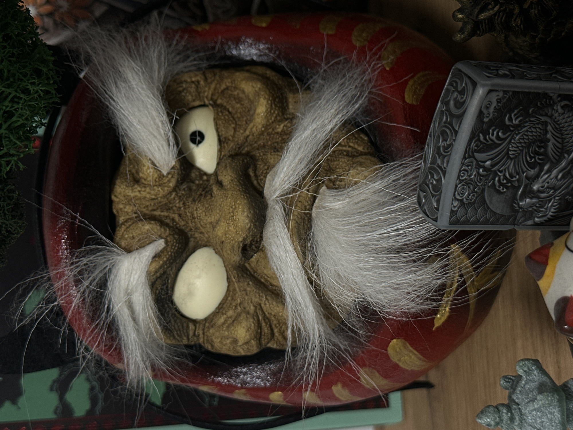 The image depicts a Daruma doll nestled in a red bowl, partially surrounded by other objects on a wooden surface. The doll is brown and wrinkled with prominent white eyebrows and blank white eyes, one of which has a black pupil drawn in. The red bowl features gold detailing. To the right of the bowl is a silver-colored box with engraved designs of a dragon. A small ceramic figure and a green stone figurine are also visible on the right side. Green moss-like foliage is visible on the left. The exact location in Rostov-on-Don, Russia, cannot be determined from the image. There are no people present.