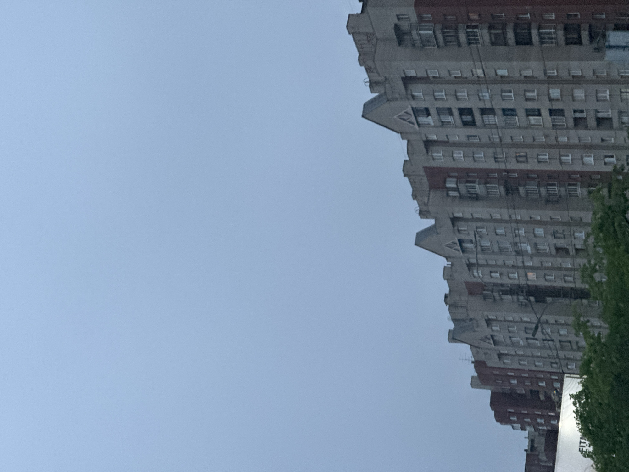 The image depicts a row of apartment buildings in Saint Petersburg, Russia. The buildings are multi-story structures with a uniform architectural style, characterized by grey facades, numerous windows, and balconies. Some sections of the buildings are accented with red brick. The sky above is overcast, casting a muted light over the scene. In the foreground, the tops of lush green trees are visible, partially obscuring the lower portions of the buildings. A large white sign with the word "FITN" is partially visible on the left side of the image, suggesting the presence of a fitness center or establishment nearby. Power lines are strung between the buildings. The overall impression is one of an urban residential environment under a cloudy sky.