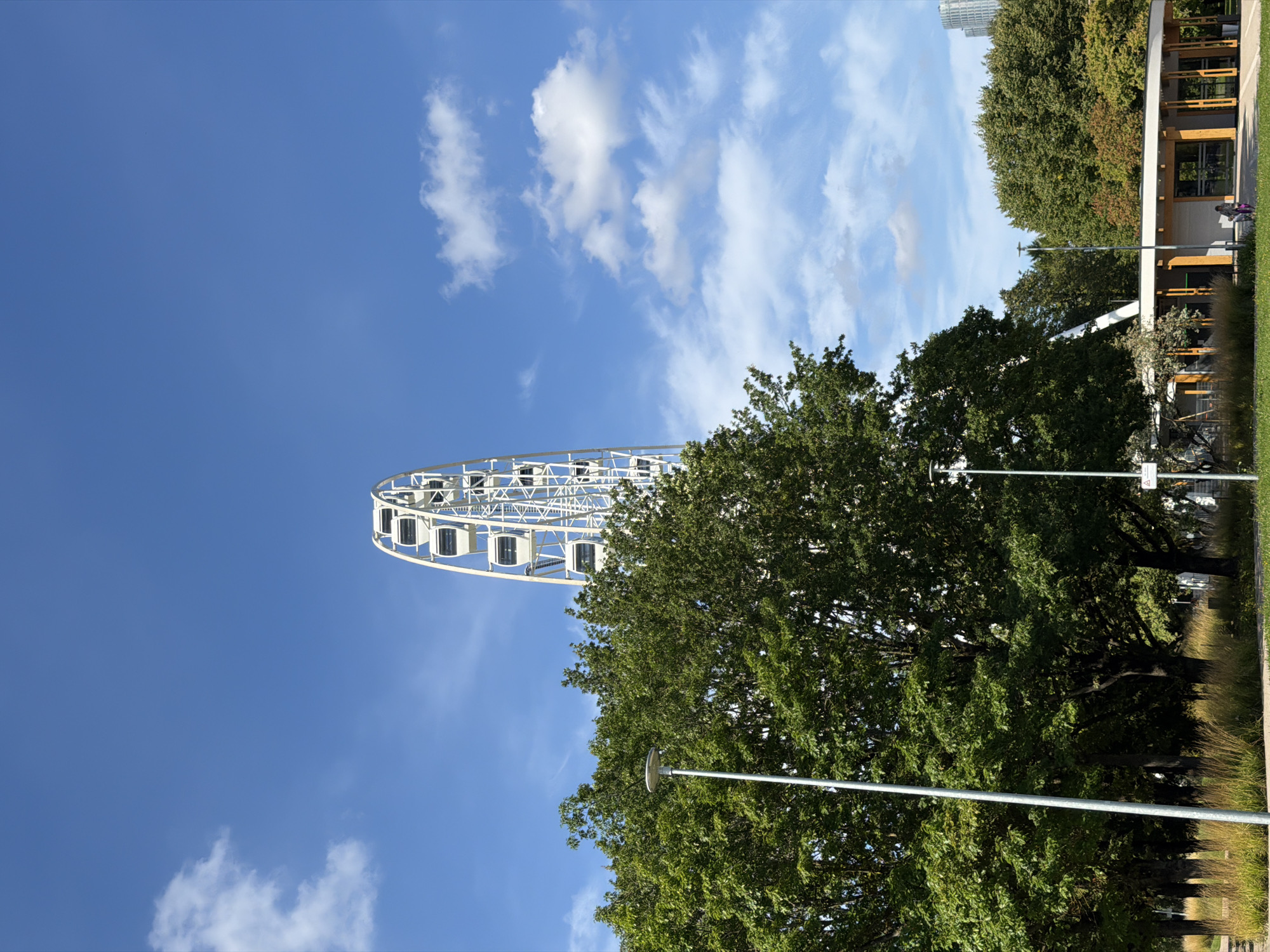 The image captures a view of a Ferris wheel in the city of Riga, Latvia, on a clear day with scattered clouds. The Ferris wheel, a prominent white structure, stands tall against a bright blue sky. In the foreground, lush green trees with dense foliage dominate the lower half of the frame. A slender lamppost is visible on the left, positioned in front of the trees. Towards the bottom right, a modern-looking building with a curved roof and wooden accents is partially visible, with a person sitting on a bench in front of it. The ground is covered with grass and dry vegetation. The overall scene suggests a park or recreational area within the urban landscape of Riga.
