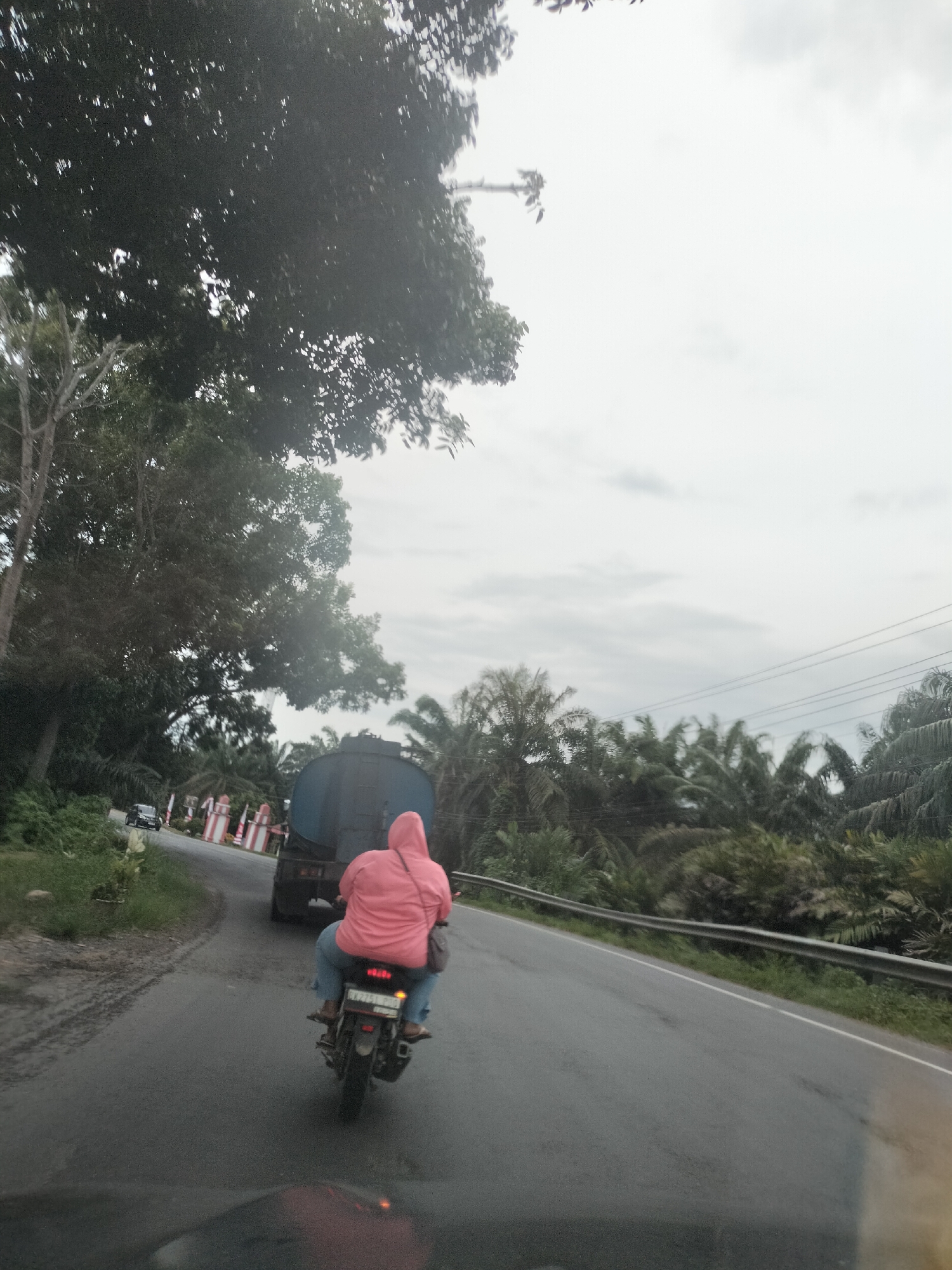 The image shows a view from a vehicle traveling on a road in Sei Tualang, Indonesia. In the foreground, a person wearing a pink hooded jacket and blue jeans is riding a motorcycle. The motorcycle has a license plate visible. Ahead of the motorcycle, a large blue tanker truck is on the road. On the left side of the road, there is lush green vegetation and trees, with some signs and traffic barriers visible further up the road. On the right side of the road, palm trees and other foliage line the route, with a metal guardrail present. The sky is overcast. The overall scene depicts a rural or semi-rural road in Indonesia with typical traffic and vegetation.