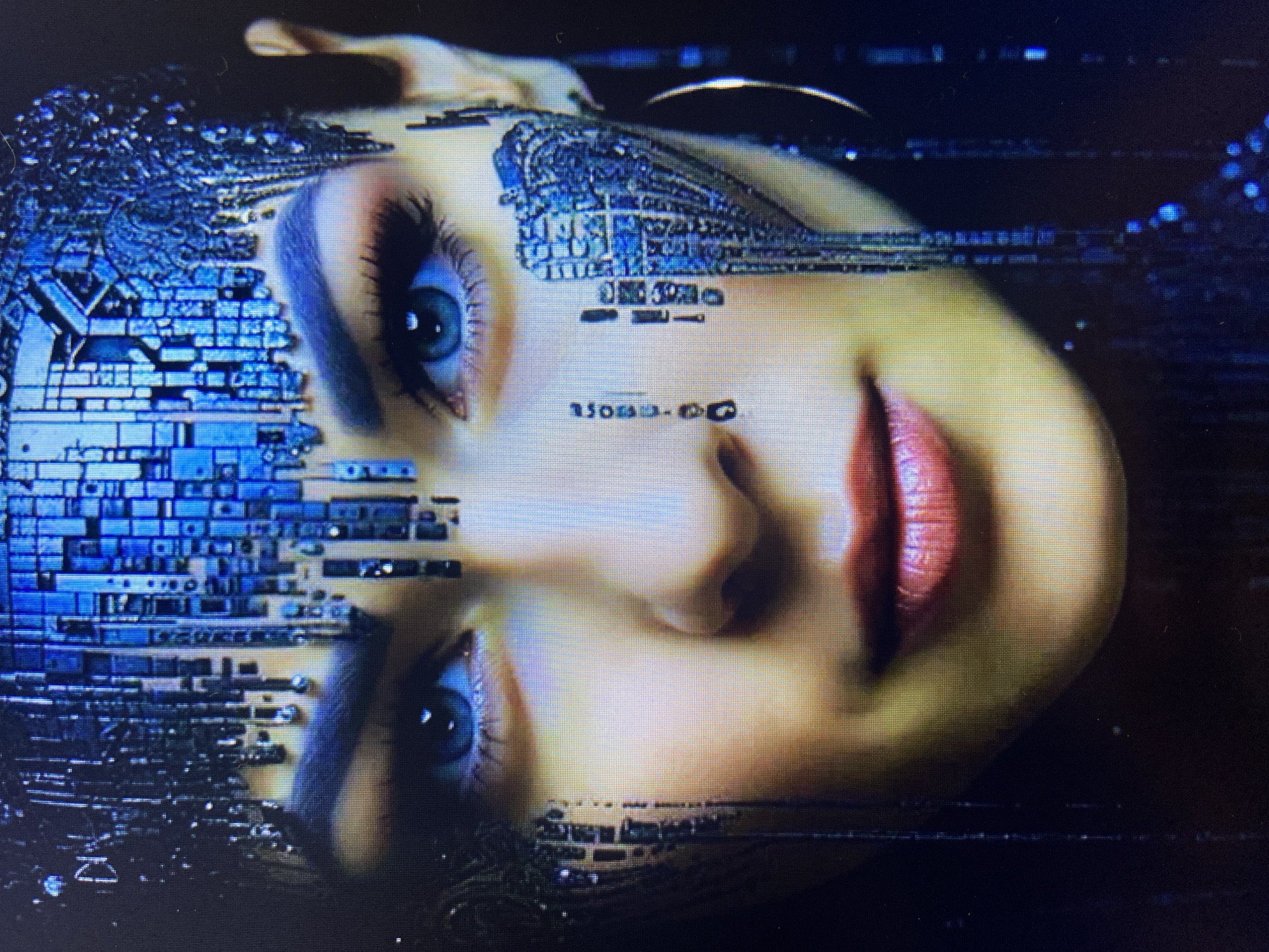 The image shows a close-up of a person's face, which appears to be digitally altered or augmented with circuit-like patterns. The subject has striking blue eyes, dark hair, and is wearing makeup. The circuit patterns are predominantly blue and appear to be integrated into the forehead, temples, and cheeks. The background is dark and nondescript. There is no discernible connection to the city of Stavropol, Russia, in this image.