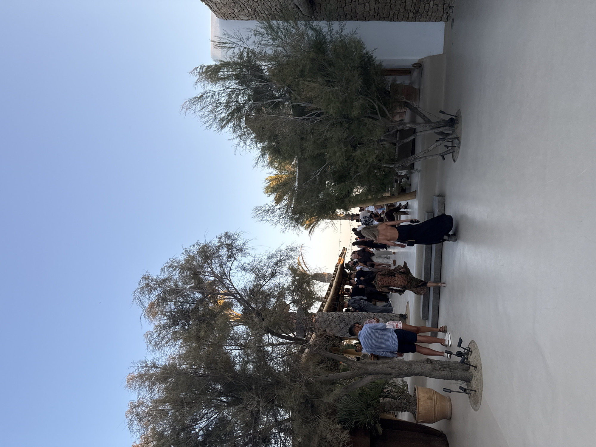 In Psarou, Greece, a group of people are gathered on a smooth, light-colored outdoor patio. The scene is characterized by a clear blue sky overhead and sparse vegetation, including trees with thin branches and palm trees. To the right, a white building with a stone facade is visible. In the foreground, two trees with exposed root systems are planted in small circles on the patio. Several individuals are walking away from the camera, including a woman in a long black dress and another in a patterned dress. Further in the background, a crowd of people are mingling, with some standing near a covered area with a thatched roof. The overall atmosphere suggests an outdoor social gathering or event.