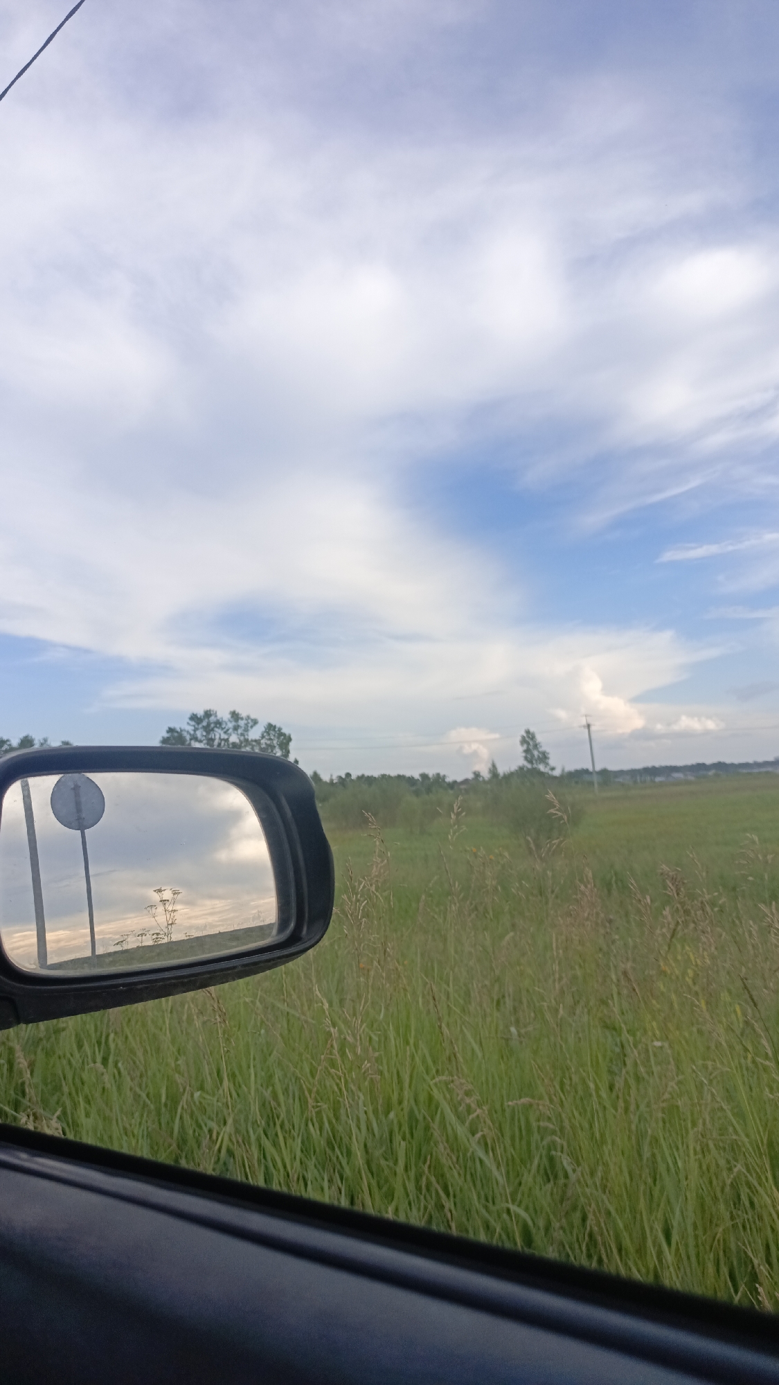 The image shows a side-view mirror reflecting a rural scene with a blue sky filled with white, wispy clouds. In the mirror, a signpost with a circular, white sign is visible, along with some dry grass stalks. Outside the mirror, a field of tall green grass stretches towards a tree line. The photo was taken from inside a vehicle, as indicated by the car's interior visible in the foreground. The location is identified as Angarsk, Russia.