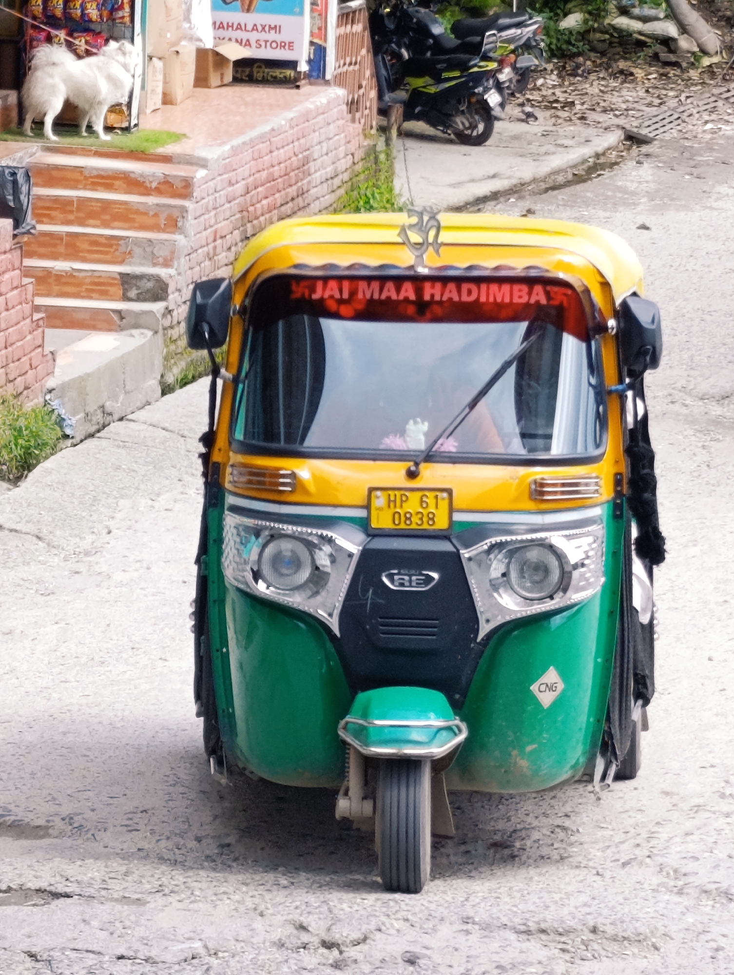 In Vashisht, India, a green and yellow auto-rickshaw is parked on a cracked asphalt road. The auto-rickshaw is a three-wheeled vehicle with a covered passenger compartment and an open driver's area. The front of the auto-rickshaw features two large headlights, a black grille with the "RE" logo, and a yellow license plate that reads "HP 61 0838". Above the windshield, a red banner displays the text "JAI MAA HADIMBA" and a decorative Om symbol is affixed to the roof. To the left of the auto-rickshaw, a white dog stands on a set of concrete steps leading up to a brick building. The building has a shop front with merchandise displayed behind glass. In the background, two motorcycles are parked on a concrete surface, and vegetation is visible.