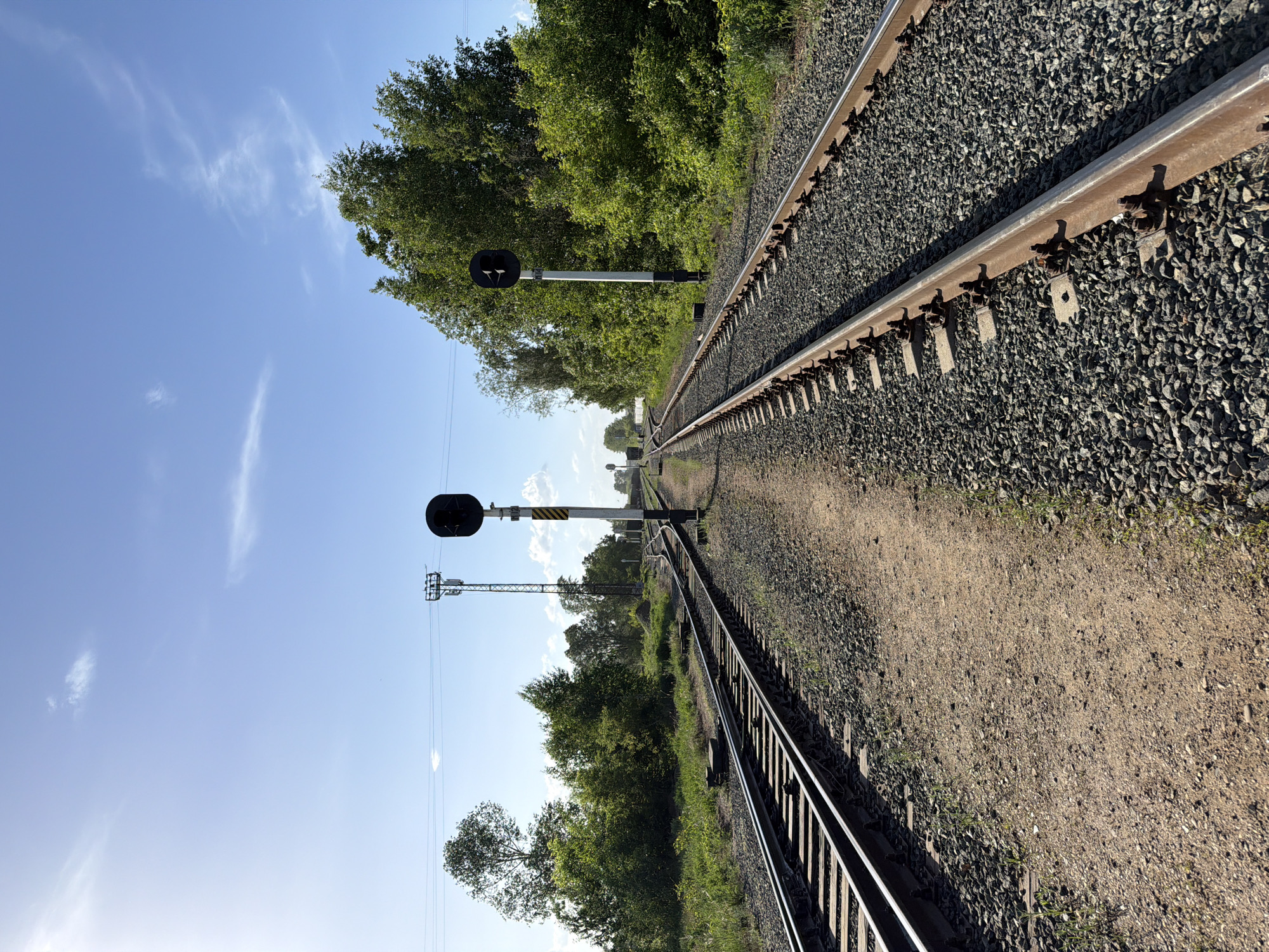 The image shows a section of railroad tracks stretching into the distance. The tracks are flanked by gravel and vegetation. Signal posts are visible alongside the tracks. The sky is blue with wispy clouds. The location is Chaikovsky, Russia.