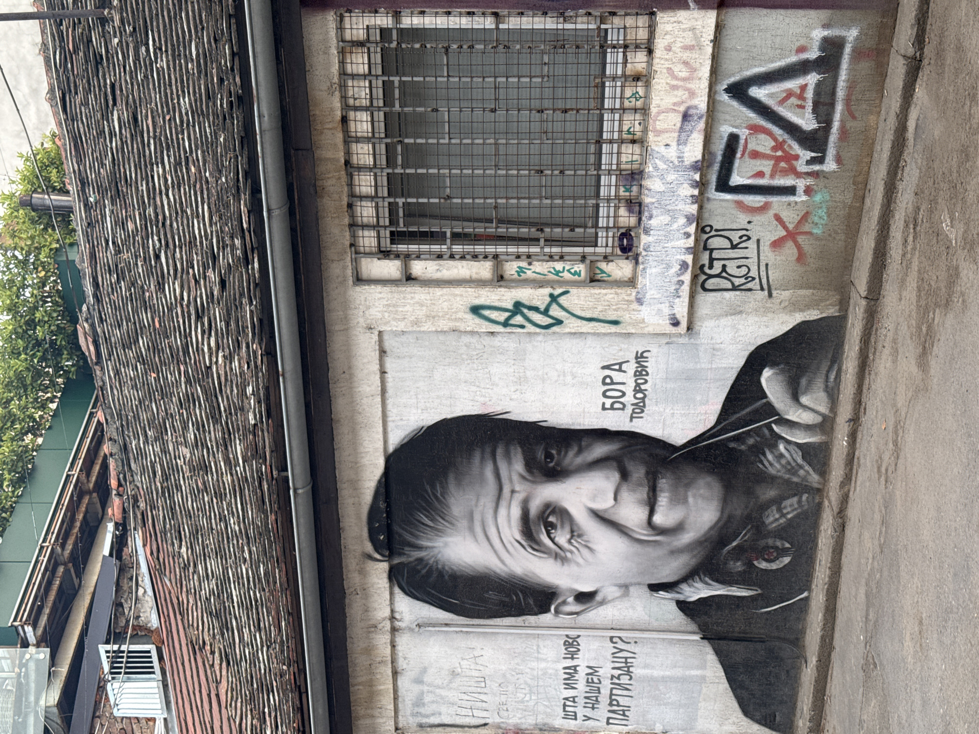 The image captures a vertical shot of a weathered wall in Belgrade, Serbia. A black and white mural depicting Bora Todorović, a Serbian actor, dominates the scene. The mural is surrounded by graffiti tags and appears to be peeling in some areas. Above the mural is a barred window, further aged and covered in graffiti. To the left of the wall, the edge of a building with a tiled roof is visible. The surrounding environment appears urban and somewhat rundown.