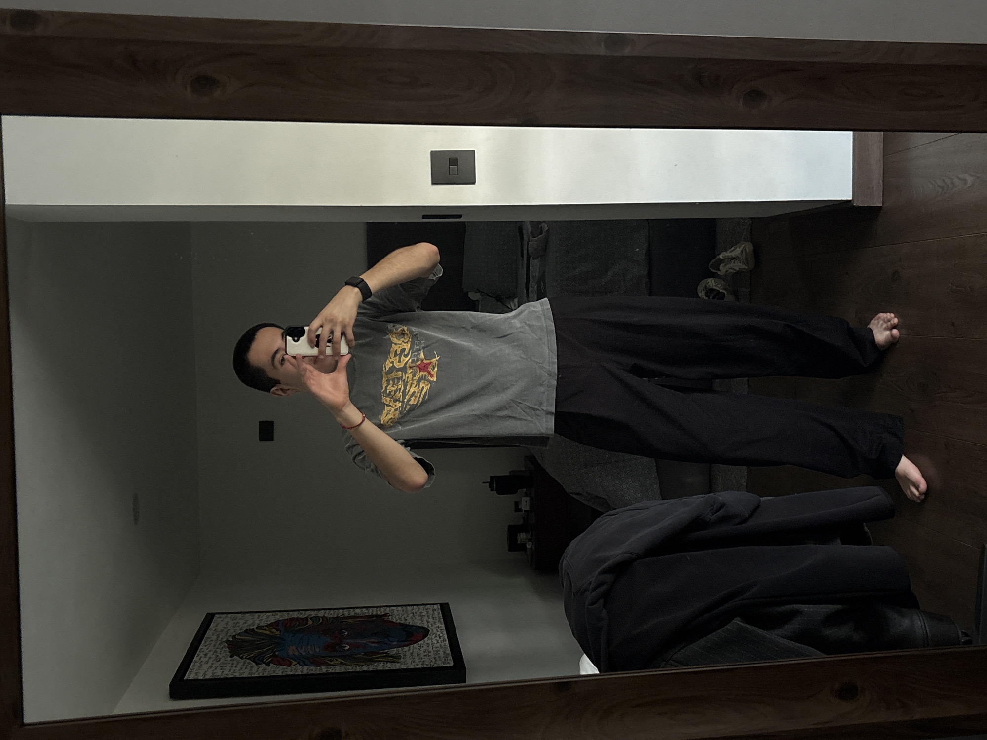 A person is taking a mirror selfie in a room. The person is wearing a t-shirt, dark pants, and a wrist watch. The reflection shows a dark jacket folded on a shelf, a picture on the wall, and a light switch. The floor is wood. The location cannot be confirmed as San Bernardino Tlaxcalancingo, Mexico.