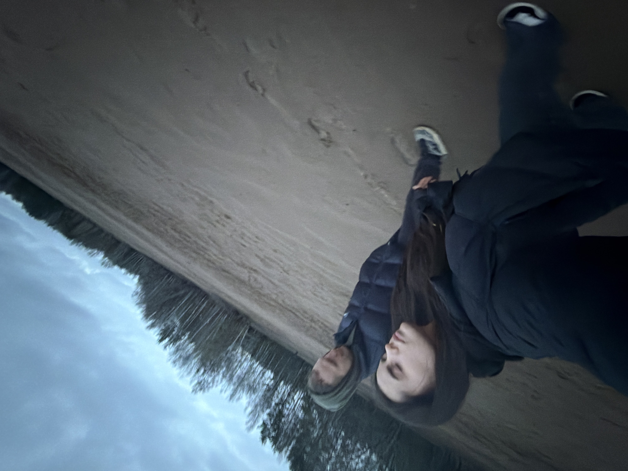 The rotated image captures two individuals outdoors on a vast expanse of sandy or dirt ground, bordering a dense treeline under an overcast sky. The photo is taken from a low angle, giving a diagonal perspective where the ground slopes upwards from left to right, meeting the treeline and sky on the right.
In the foreground, a person with long dark hair, wearing a dark puffer jacket and dark pants, is partially visible, facing towards the right side of the frame. Their expression appears neutral and contemplative. Slightly behind and to their left, a second individual, also clad in a dark puffer jacket and dark pants, walks or stands on the sand. This person wears a light-colored hood or hat. Both individuals have dark footwear visible.
The ground surface is a uniform light brown, showing visible footprints and subtle undulations, indicating it might be a beach, a large sandy field, or a riverside area. In the mid-ground and background, a thick line of bare or sparsely foliated trees forms a distinct horizon, separating the sandy terrain from the pale, cloudy sky. The sky is a muted gray-blue, suggesting an overcast day, perhaps late afternoon or early morning, with diffused light and no clear sun. The overall mood is quiet and somewhat serene. No visible text is present in the image. The scene suggests a walk or leisurely moment in a natural, open environment near Noviy, Russia.