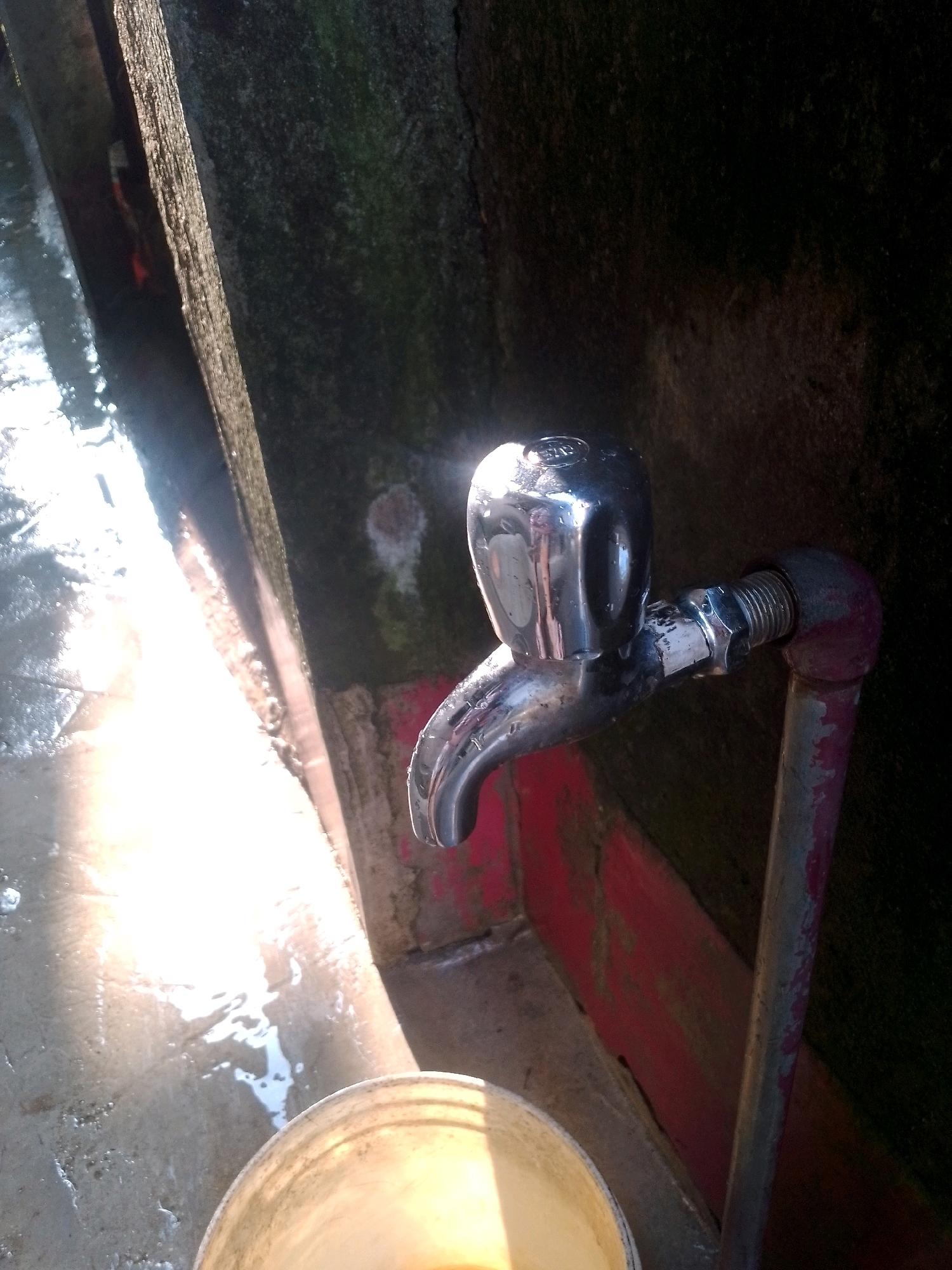 A silver faucet is shown in the foreground of the image, connected to a red pipe and mounted on a vertical pipe. The faucet is slightly tilted, and it appears to be leaking water, as indicated by the droplets on its surface and the wet ground below. In the lower left of the image, a part of a light-colored bucket is visible, positioned to catch the dripping water. The background consists of a textured, dark wall with some green moss or algae, and a wall or pillar with a rough, sandy texture on the left. The ground is wet and reflects sunlight, suggesting an outdoor setting, possibly near a water source. The overall lighting suggests it might be daytime. The image does not contain any identifiable people or specific landmarks that would definitively place it in Siliguri, India.