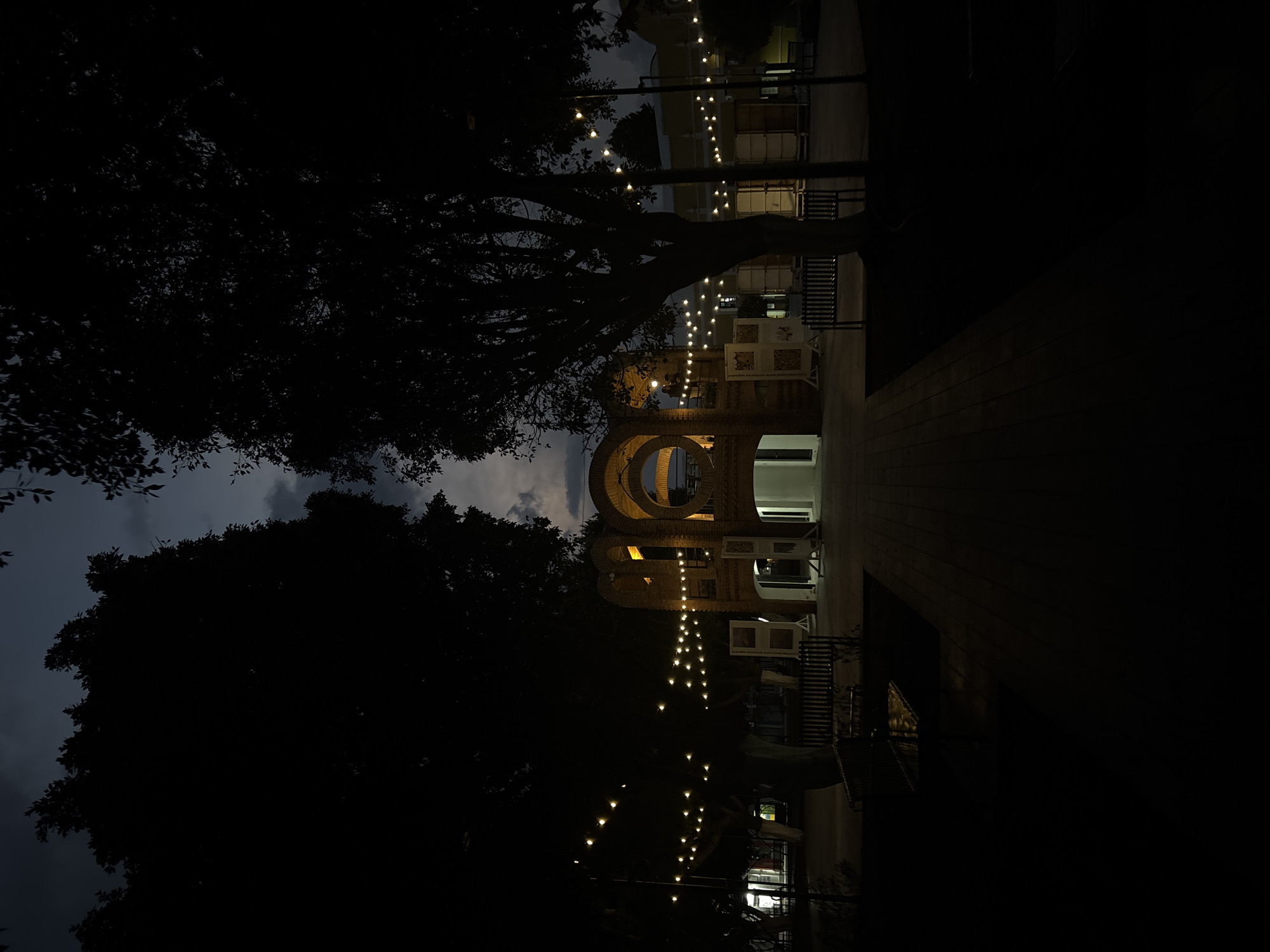 The image shows an outdoor scene in San Andrés Cholula, Mexico, at night. The view is partially obscured by dark trees. A brick archway is illuminated with warm lights. String lights hang above a brick pathway leading to the archway. To the right of the pathway are benches. A building is behind the archway, with a bright light coming from within. The sky is dark with clouds.