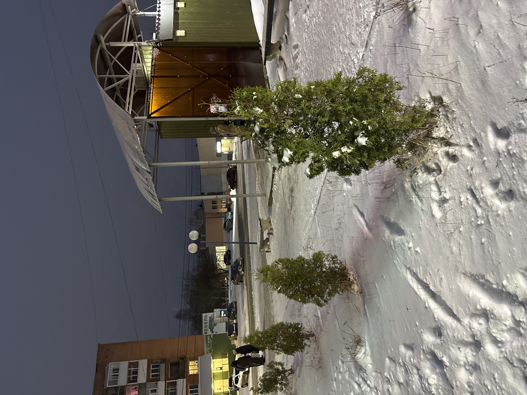 The image depicts an outdoor scene in Votkinsk, Russia, during winter. The ground is covered in snow. A metal-framed structure with a curved roof stands along the edge of a building. Several small evergreen trees line a pathway covered in snow. Two people are visible standing near a small tree and a building with lit windows is visible. In the background, there are streetlights and several cars parked along a street. The sky is dark, indicating that it is dusk or night.
